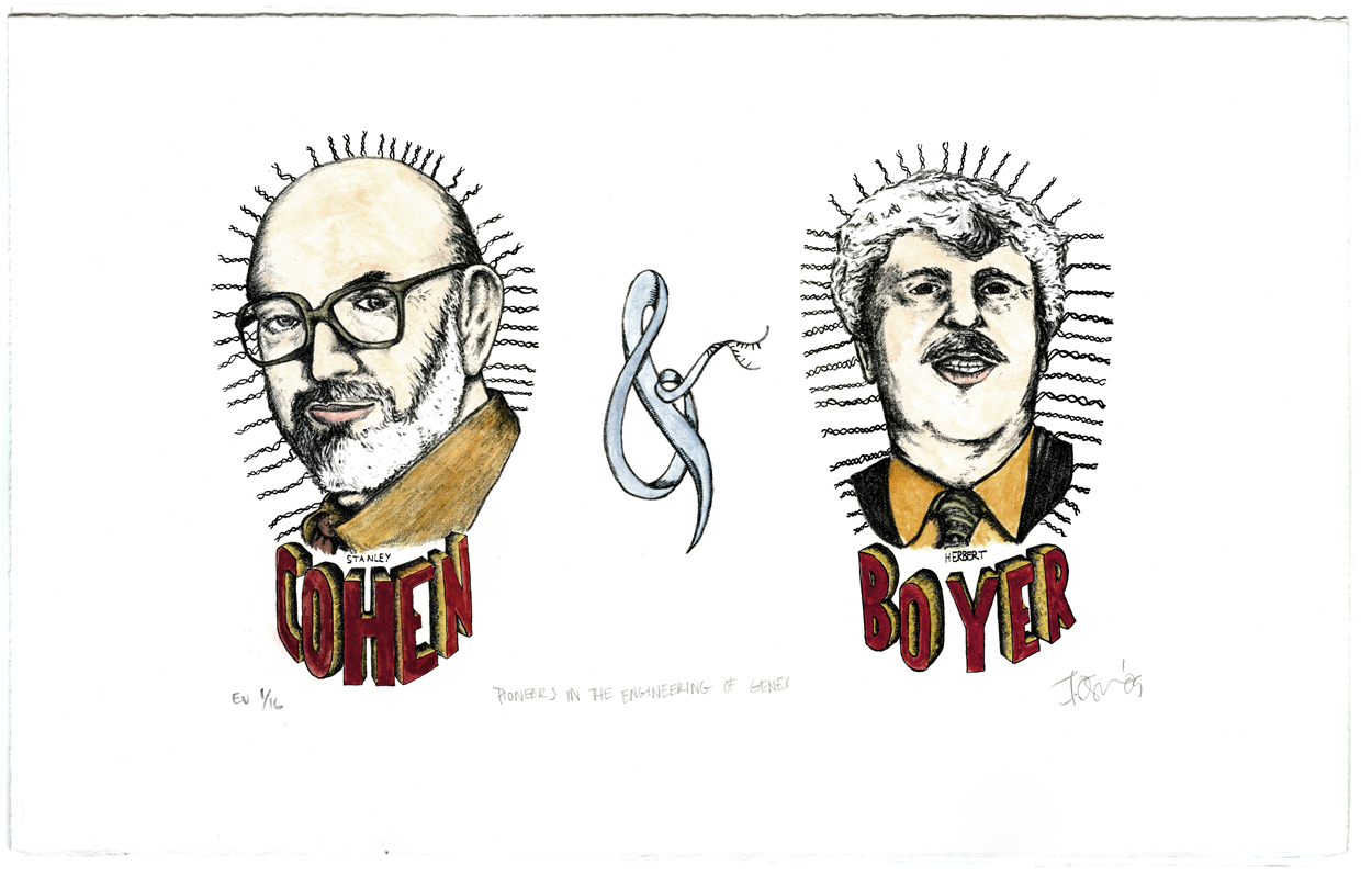 "Pioneers in the Engineering of Genes" 2009; 1 Color Lithograph with hand applied watercolor, Varying Edition of 16