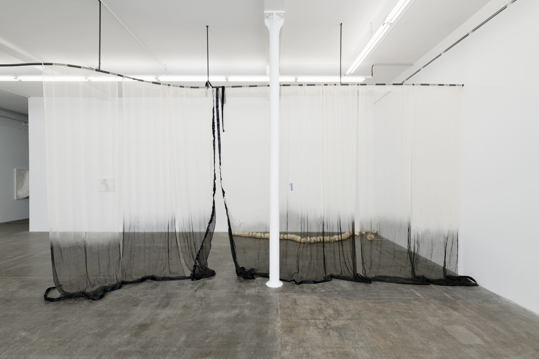 Leolie Greet, a curtain's hesitation. whether to hide or show (parties 1 et 2), 2023-2024. Acier, coton, encre, satin, fil de couture. Courtesy de l'artiste.
