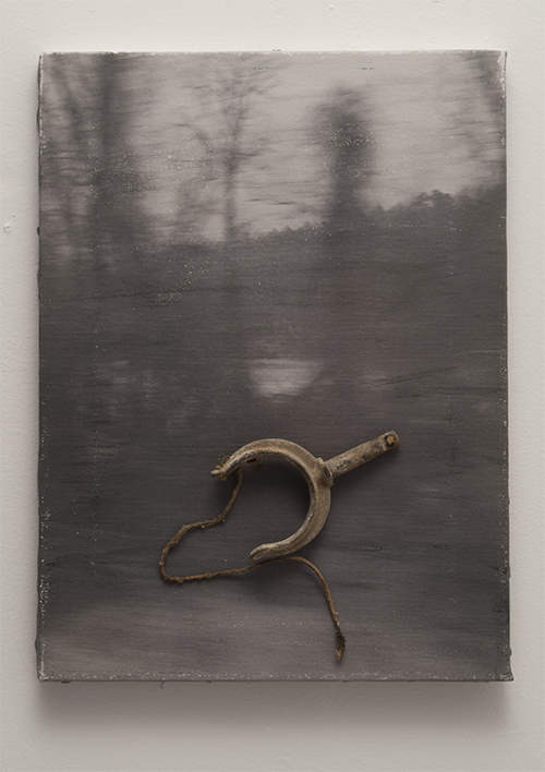 Eso-Boomerang, 1983 Watercolor, charcoal, object on canvas 9" x 14" 