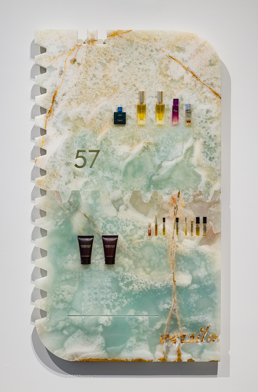 Catherine Telford Keogh, "Sampler," 2024. Green onyx, multicolor onyx, See By Chloé™ Si Belle, Demi Jour By Houbigant Eau De Parfum, CHANEL® N°5 Eau de Parfum Spray, Giorgio Beverly Hills For Women, Eau De Toilette, Gucci® Bloom For Women Perfume Collection Sample Spray Vials Set, VERSACE CRYSTAL NOIR by Gianni Versace Gift Set Shower Gel & Body Lotion, Versace Eros, Zizanie 'Discord' Sampler Cologne, 36 x 21 inches. Photo by Etienne Frossard.