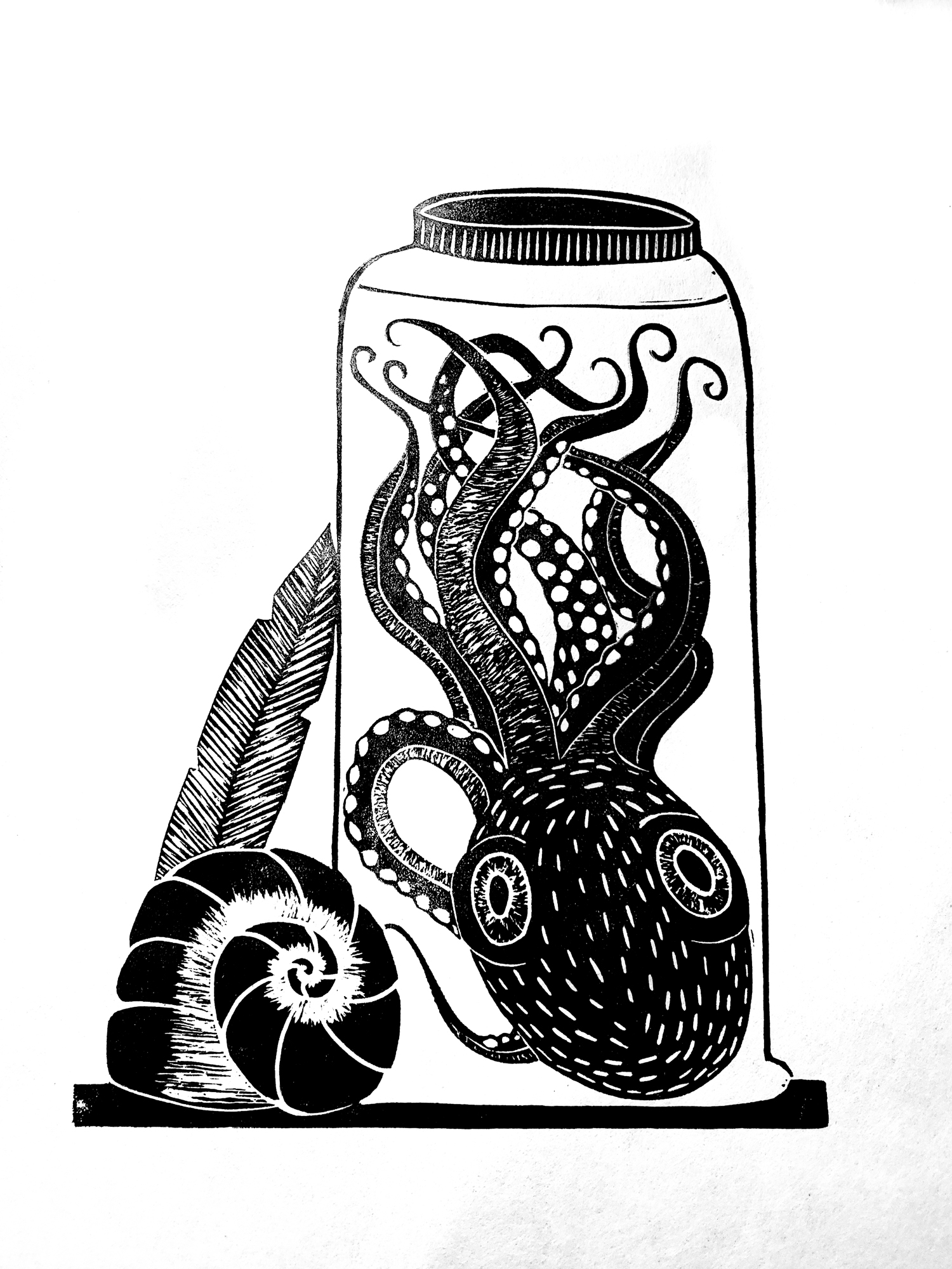 "Of the Deep" Linoprint, Akua ink on mulberry paper, 9x12