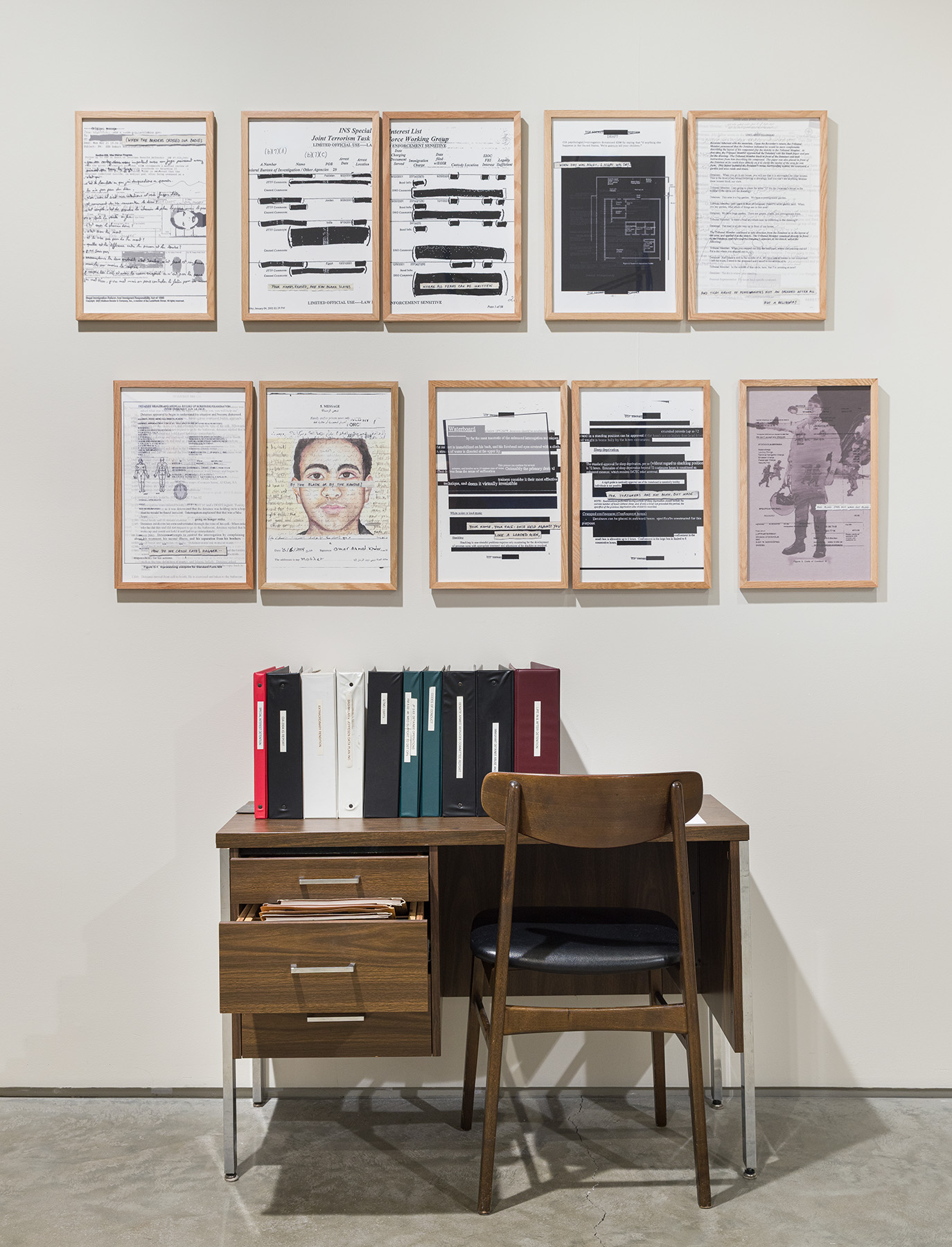 Chitra Ganesh + Mariam Ghani, Introduction to an Index, 2011. Ten prints on Hahnemühle photo rag paper, binders, desk, chair. Prints: 11 x 17 inches each. Courtesy of the artists. Photo by Etienne Frossard.
