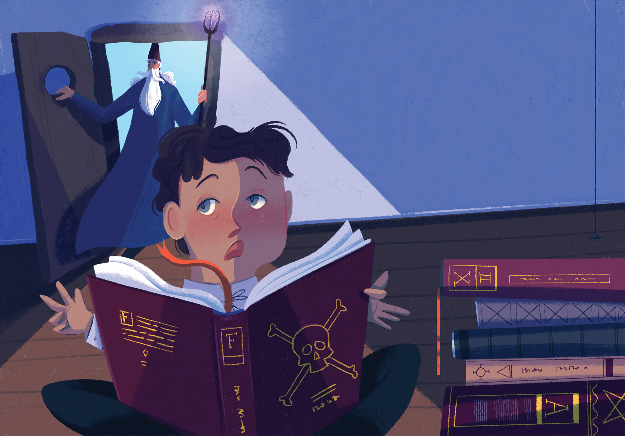 A wizard entering a room, scaring a little boy that reads a book.