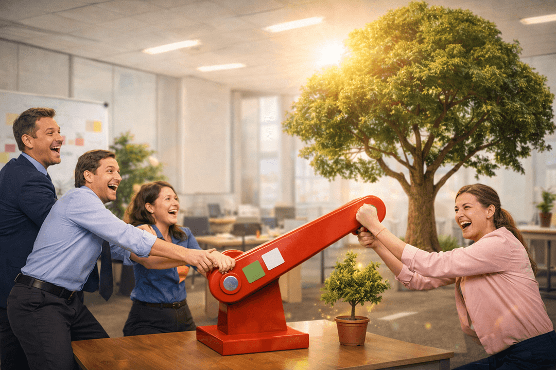 Overly staged corporate stock photo of a team in business casual pulling a massive red lever labeled with blank shapes (no text), while a tiny plant in a pot &ldquo;grows&rdquo; instantly into a huge tree behind them. Ridiculous optimism, conference room setting, strong lens flare, slightly uncanny AI faces, wide banner crop, no text, no logos.