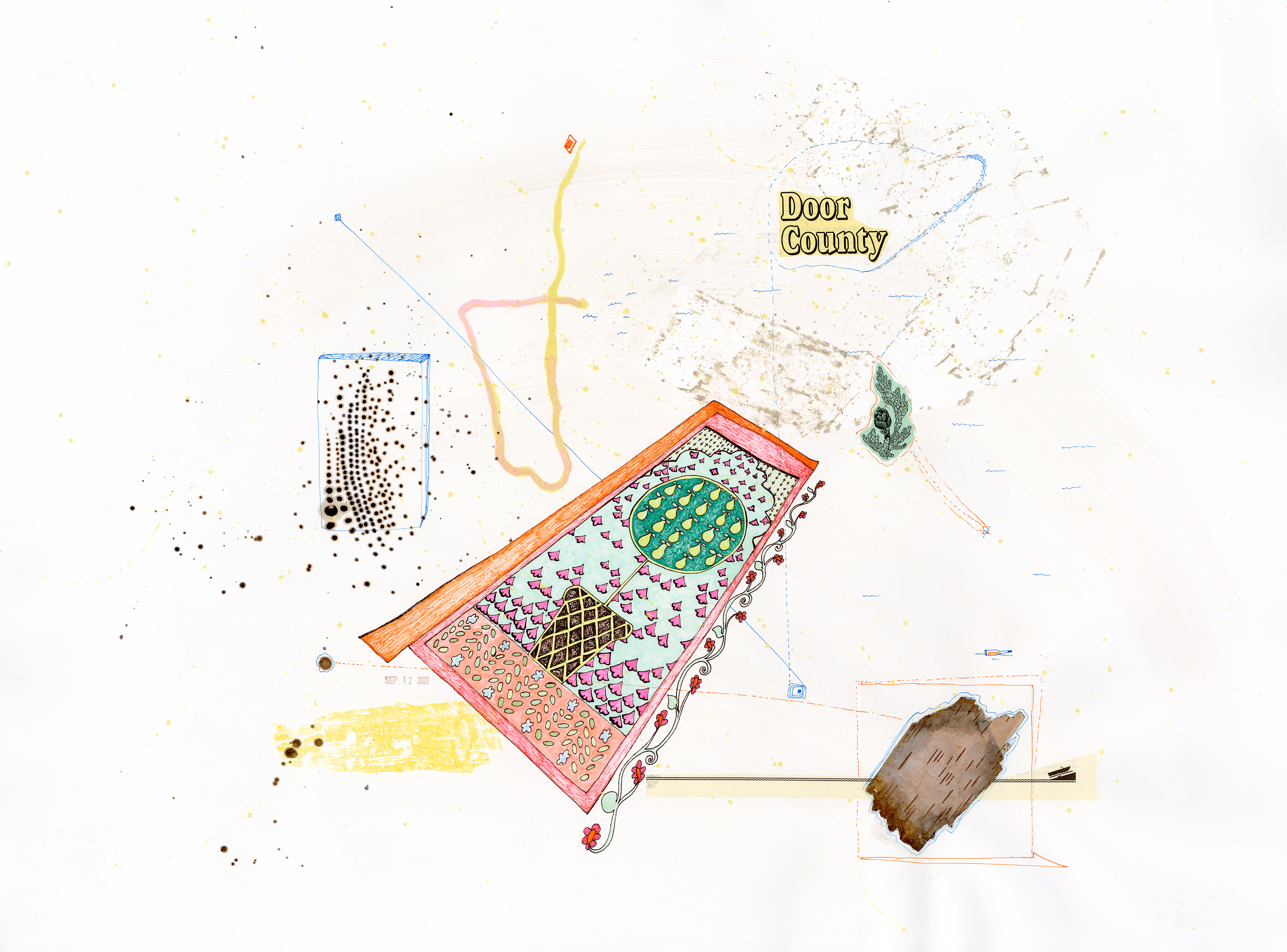 Drawing 30/56 from 56 days at the Dome House 22.5 x 30 inches, ink, Chine-collé, etching and stamps on Arches 88 paper - BUY