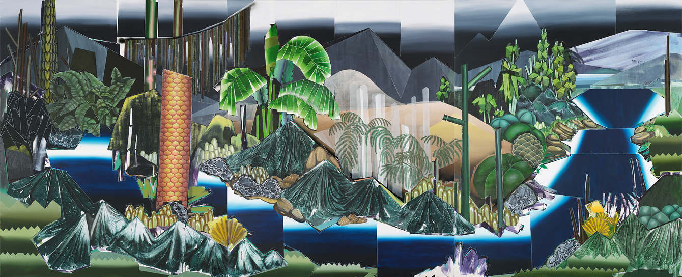 Flyt, acrylics and oil on canvas  220 x 540 cm, 2017