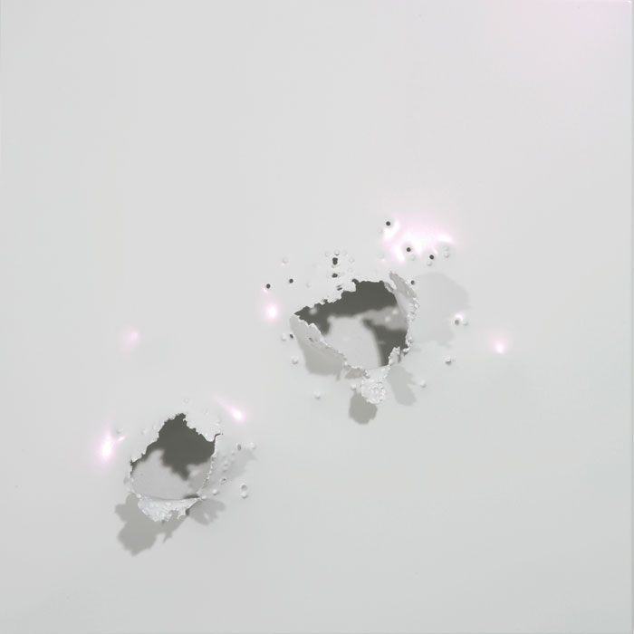 Saint Sebastian 2, 2010, Iridescent powdercoated stainless steel with gunshot, 18x18in