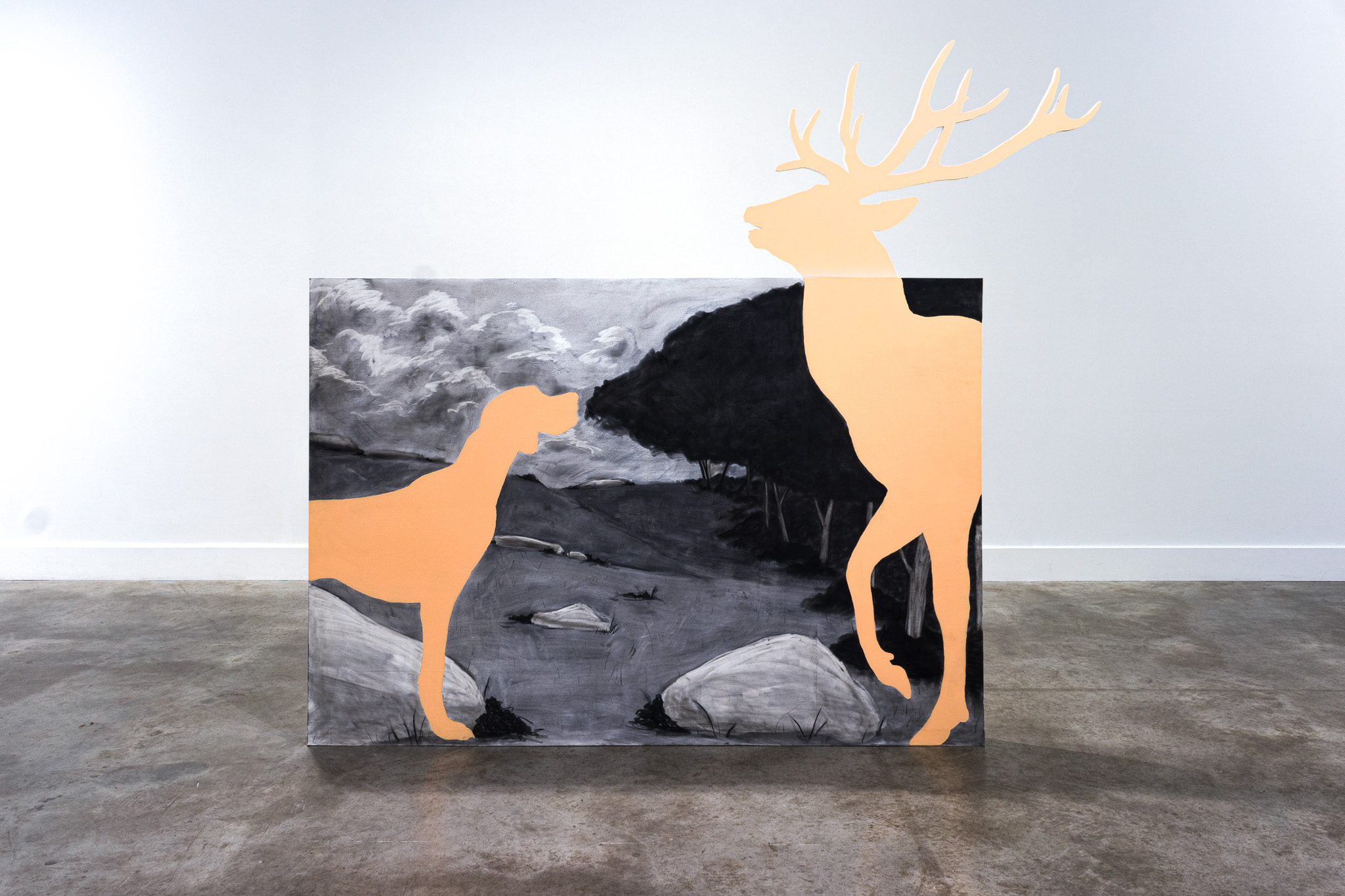 She Learned to Live with Him  2021, 72” x 77” x 24”, acrylic, charcoal, and plywood on panel 