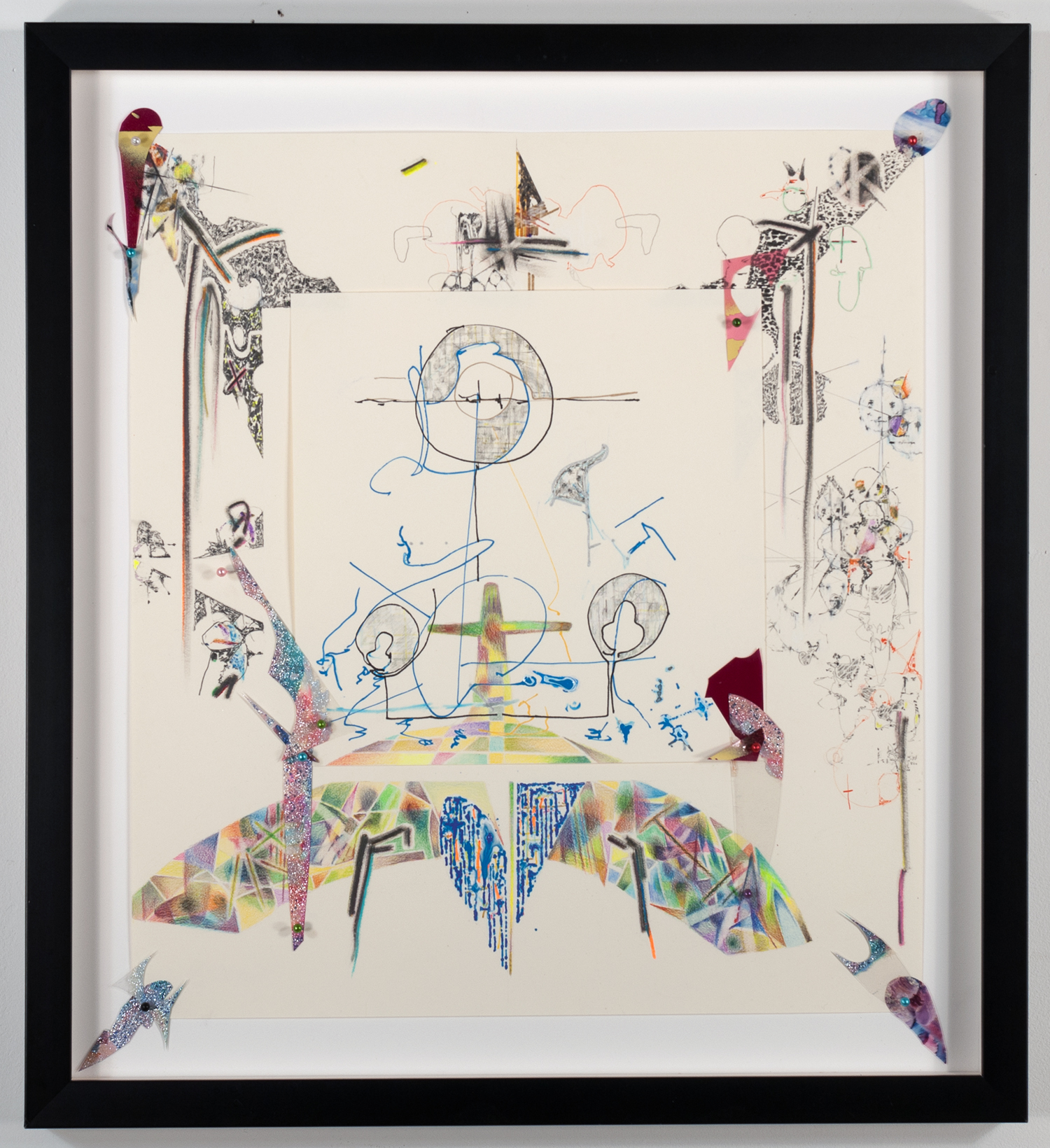 our bleak parade outcome  Ink, graphite, colored pencil, oil and mica powder on paper and acetate 2021 - 19 x 17 - framed