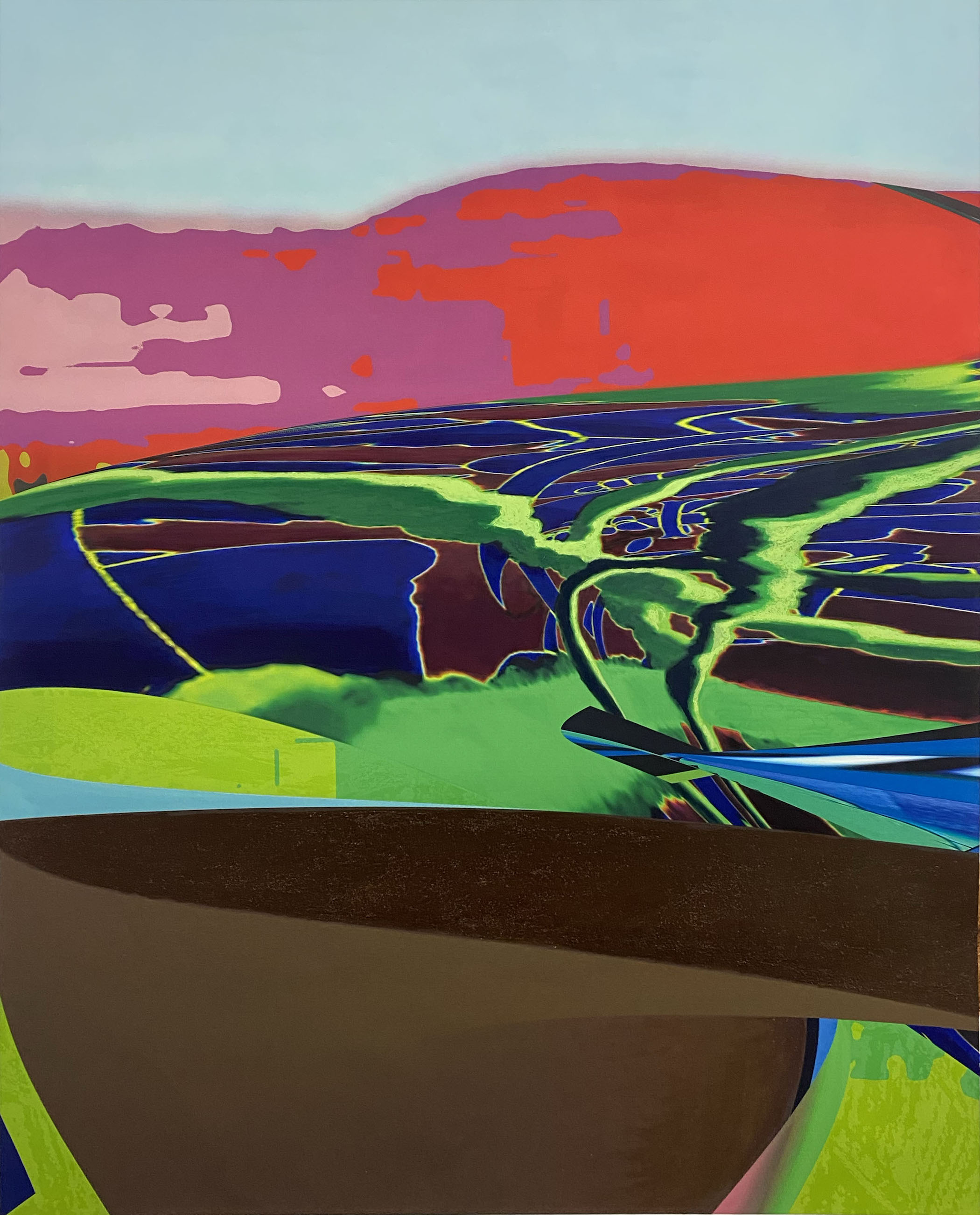"Landscape #1" Screenprint, acrylic, sand, and oil pastel on pigmented inkjet print on PhotoTex, 40" x 32",  2025