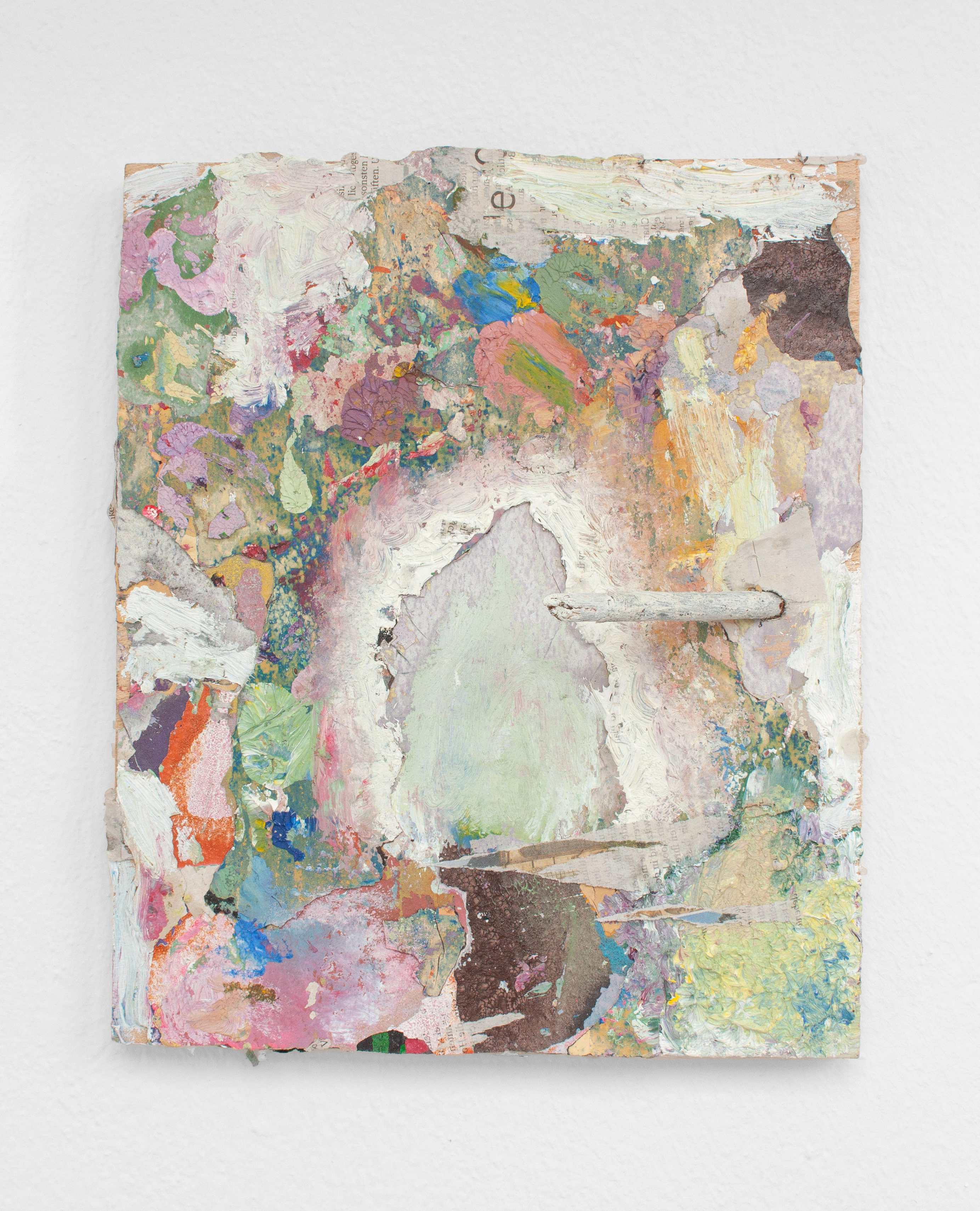 Portal, 2021  Oil, wall fragment, twig, paper, wood  30 x 25 x 2 cm