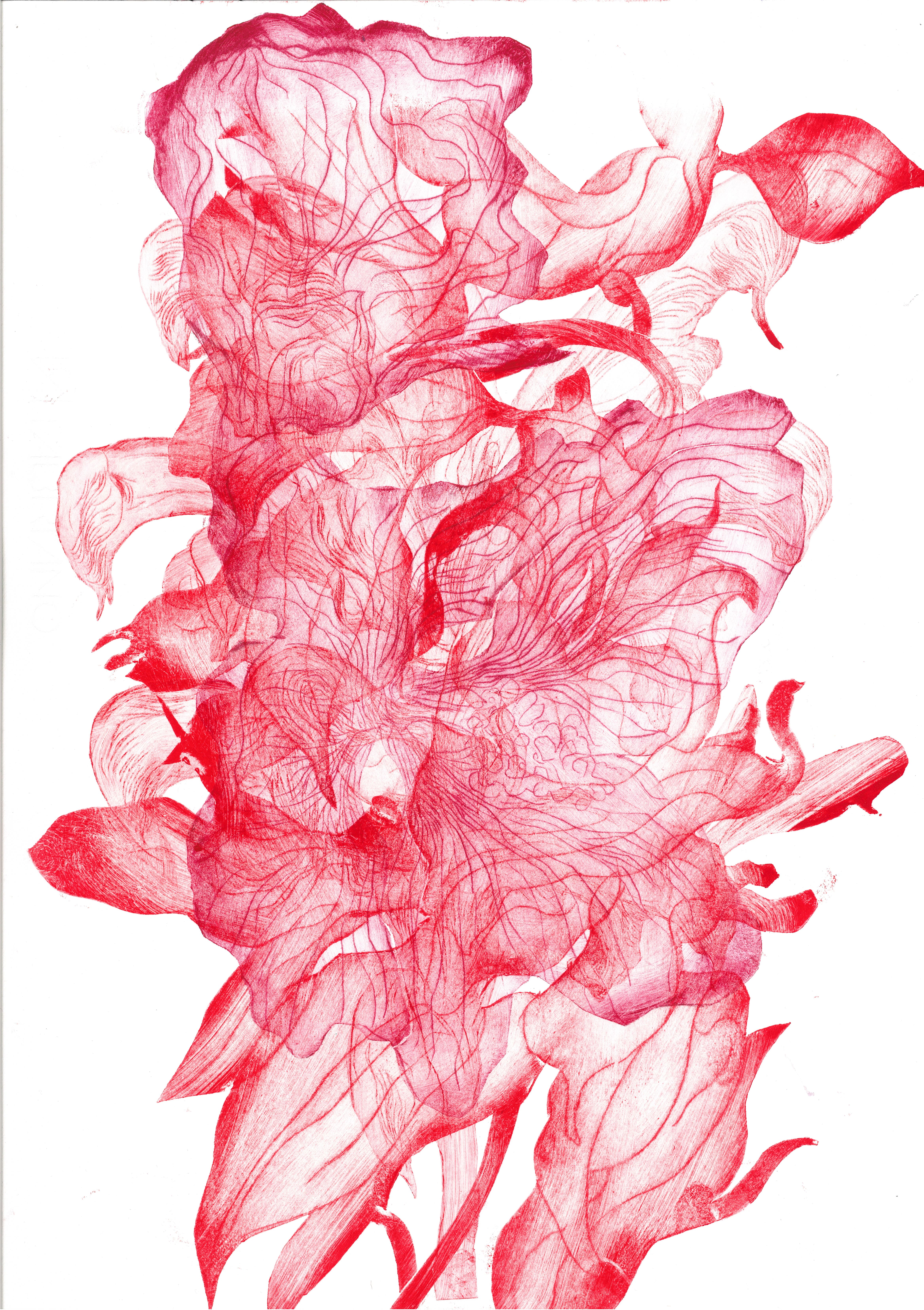 Abstract flowers #3Drypoint etching on polyester, cut out, printed over and inside each other, 34 x 50 cm