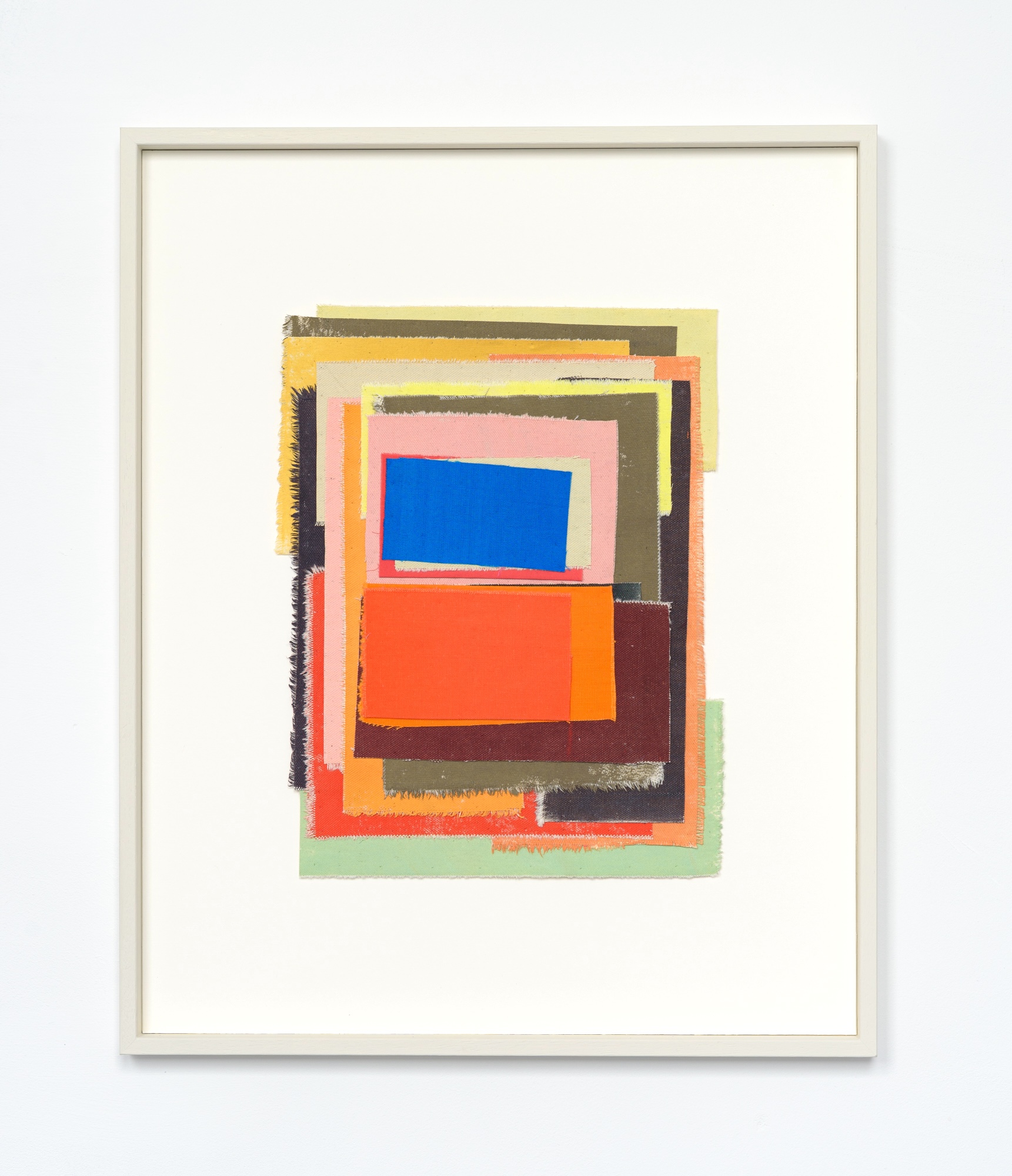 Blue remembered, (2023). 54 h x 44 w x 3.5 d cm(framed),. Acrylic on canvas collage with fabric