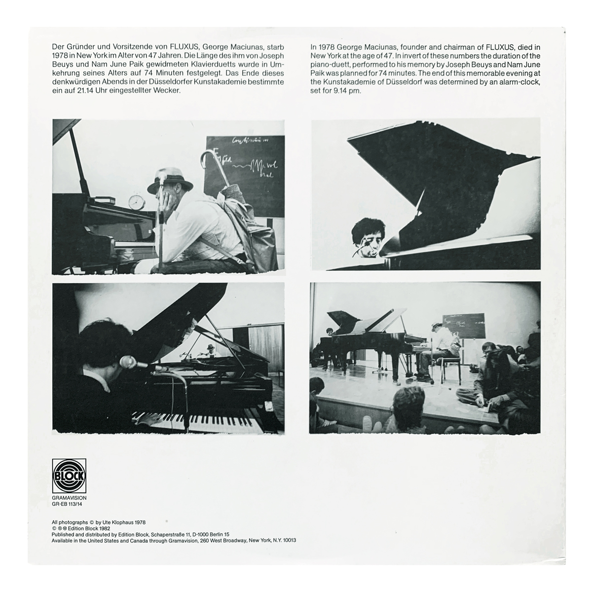 Edition Block EB 113 Joseph Beuys / Nam June Paik - In memoriam George Maciunas, Klavierduett, 7.7.1978 Design: Ute Klophaus (photography)