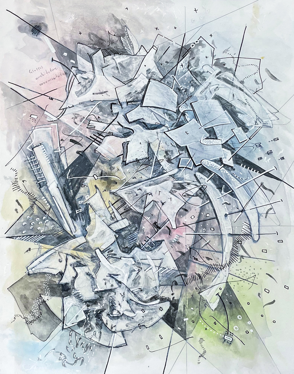Untitled, 2021, gouache, acrylic, ink, graphite on paper, 9 x 12 inches