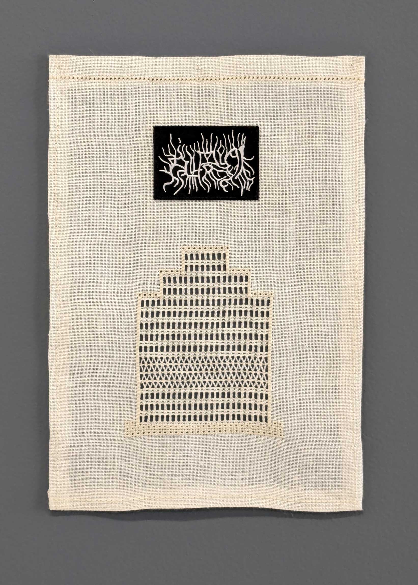 The Old Hills’ Indifference, 2024 Danish linen, embroidery thread and screenprinted patch, 420 x 305mm