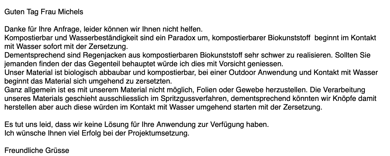 email exchange on the assumed impossibility of compostable and waterproof features in a material