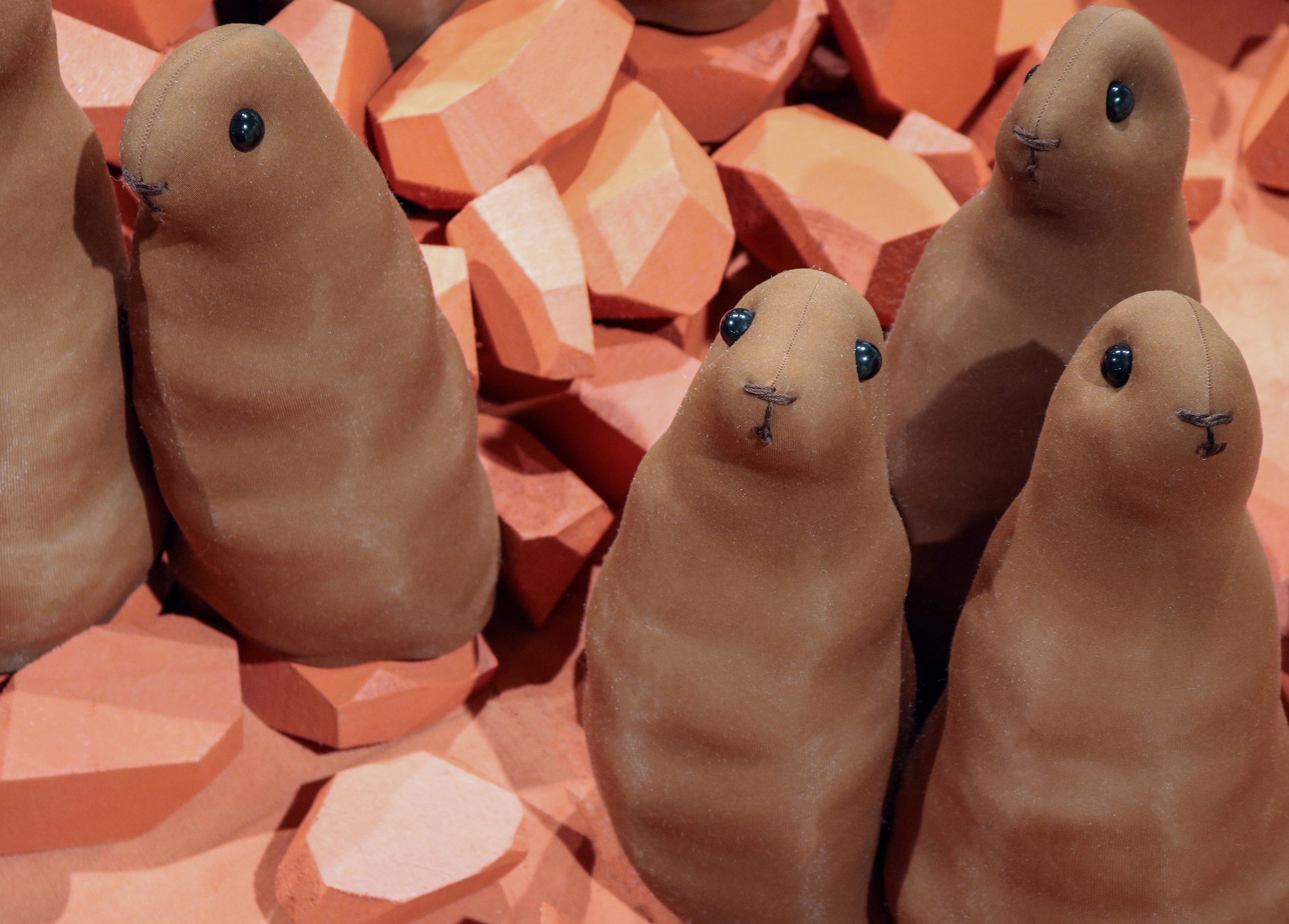 "War of the Worlds," (detail) Stuffed fabric prairie dogs