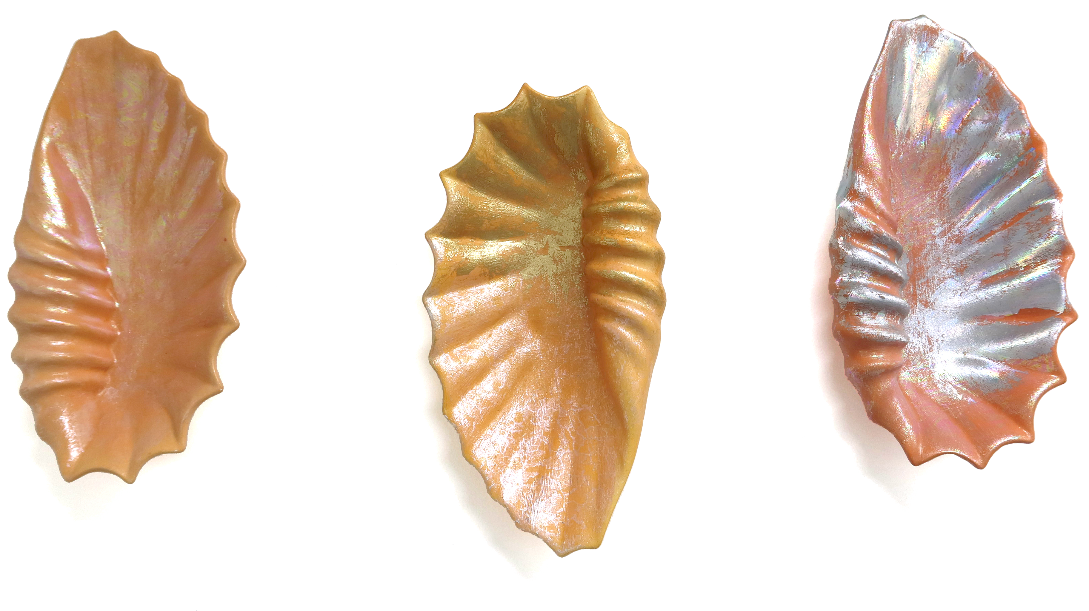 Golden Shells, 7.5 x 14.5 x 3.5 inches each, ceramic and hot-pressed foil