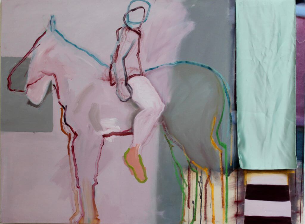 Riding Backwards — 114 x 152 cm Acrylic & Fabric on Canvas (2007)