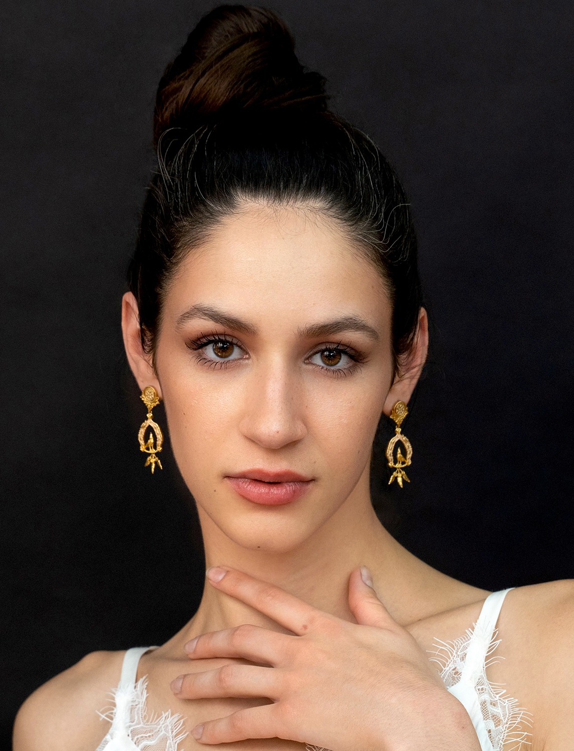Vigor Earrings with Feathers Gold and Blush View 1 by Angela Mia