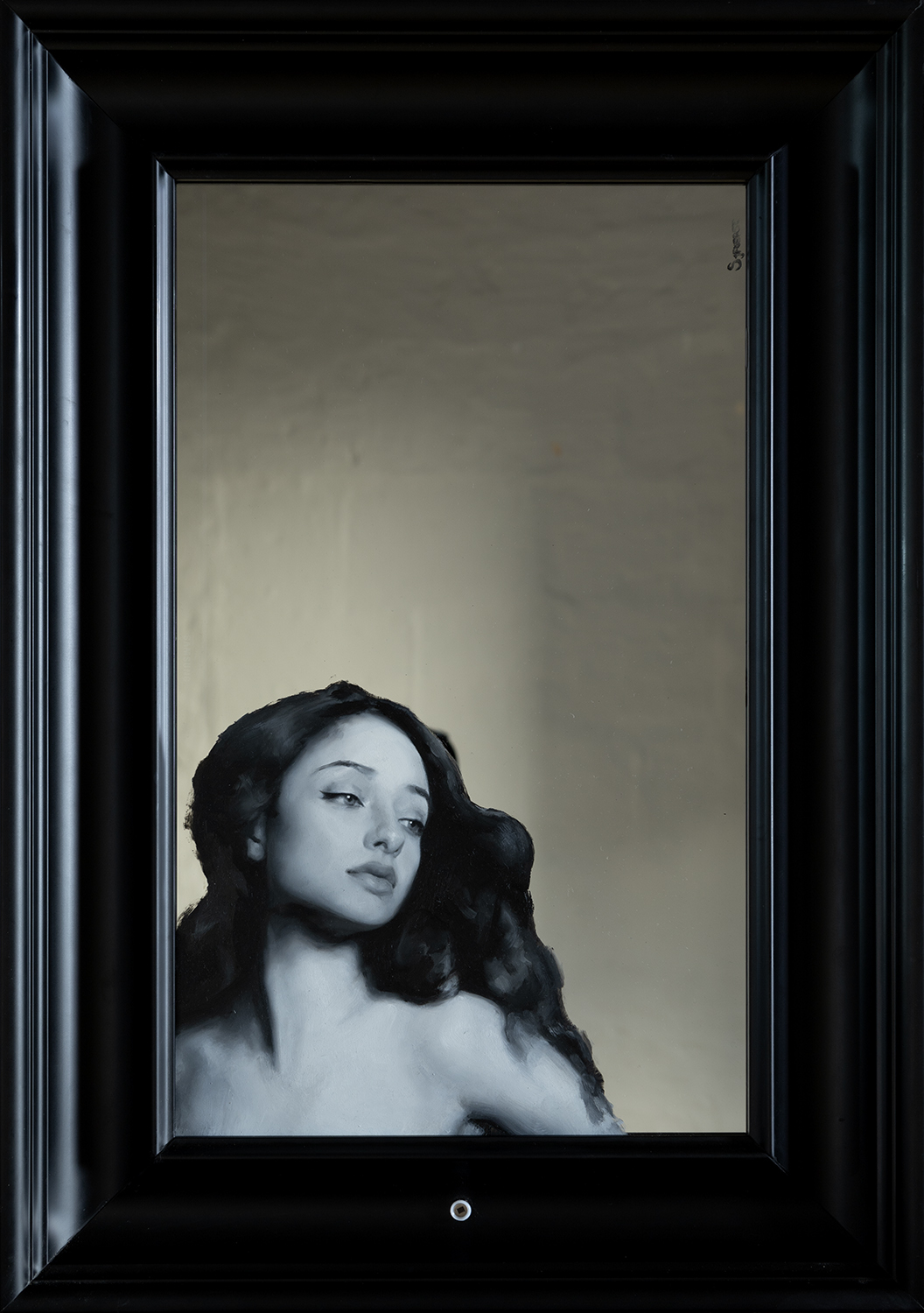 'Objects in Mirror', oil paint on 2 way mirror acrylic 51 x 73 (framed)