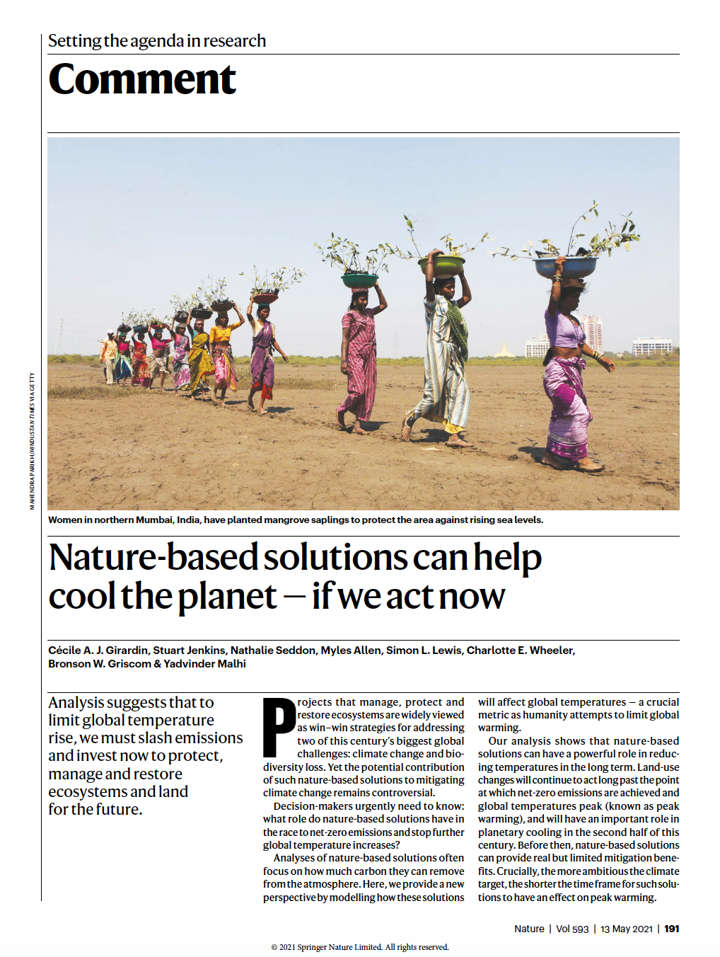 Girardin, C. A. J. et al. Nature-based solutions can help cool the planet - if we act now. Nature 593, 191–194 (2021).