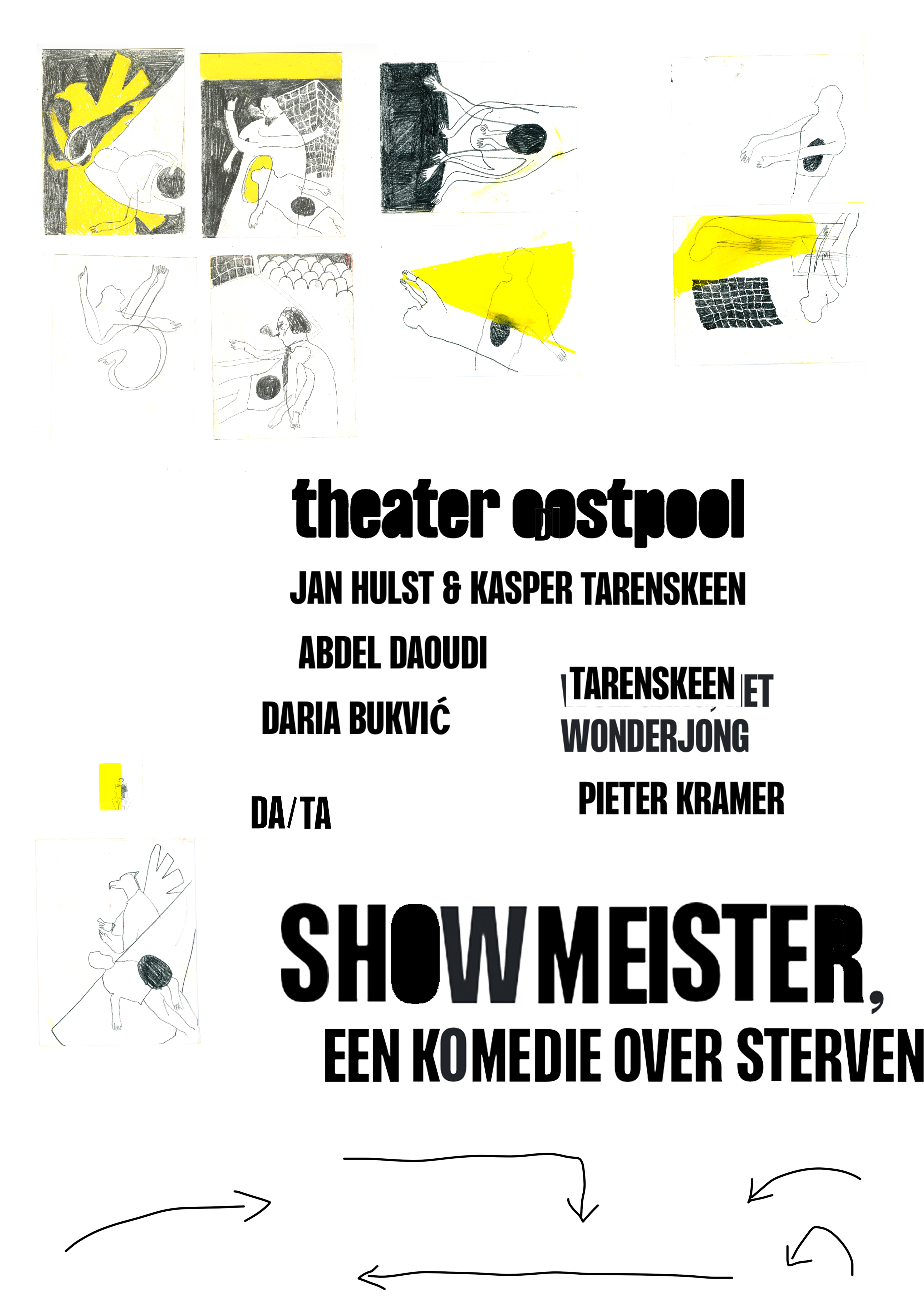 proces posterontwerp voor de voorstelling 'showmeister, een komedie over sterven' in opdracht van theater Oostpool. -voorjaar 2023