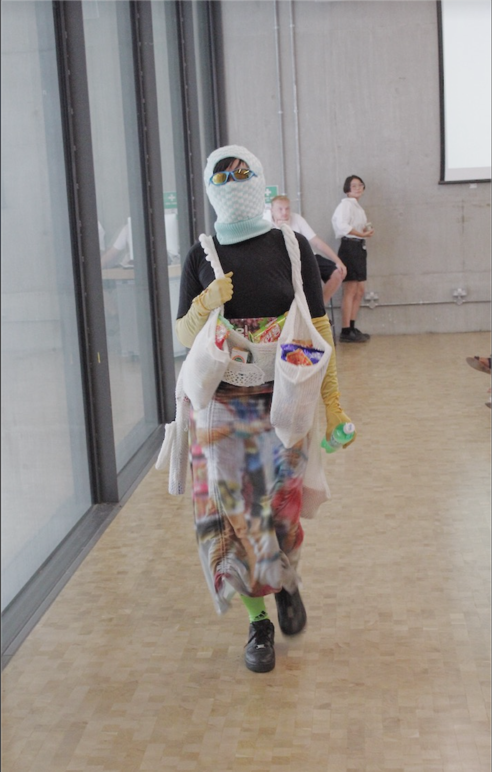 Final Show Look 2: Machine Knit Checkered Balaclava | Grocery Store Knit Tank | Digitally Printed Grocery Shopping Skirt