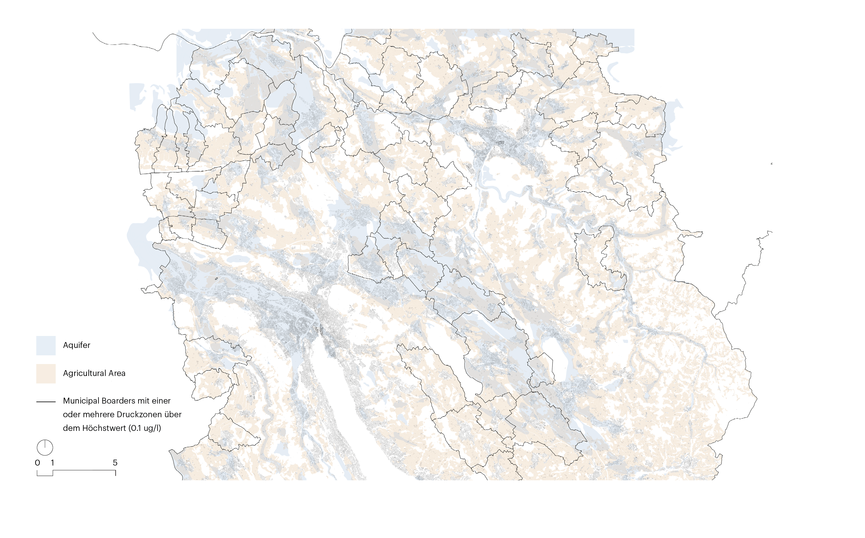 Overlaying the map of the municipalities with a concentration of Chlorothalonil over the permitted value with the aquifer reveals the potential contamination of groundwater in these regions.