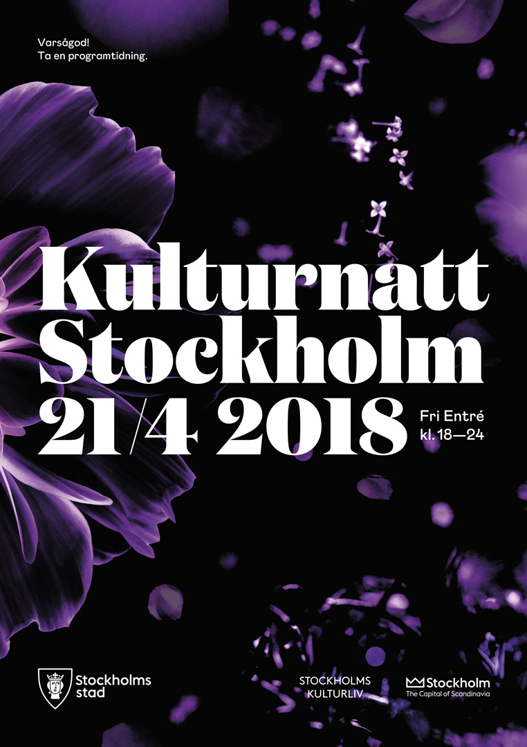 Kulturnatt Stockholm Det var femte året i rad vi höll oss vakna en hel aprilnatt! Well, nästan hela natten i alla fall. För 2018 års Kulturnatt Stockholm gjorde Small World hela det grafiska konceptet, en ny webb och en programtidning. Kulturnatt Stockholm är aprilkvällen då stockholmarna bjuds in till stadens kulturliv för en chans att uppleva hundratals kulturaktiviteter, helt gratis, under ett lila sken. Fantastiskt och viktigt tycker vi. Tillsammans med Evenemangsavdelningen, som vi arbetar riktigt nära, ser vi kulturnatten som ett supersäkert vårtecken! kulturnattstockholm.se