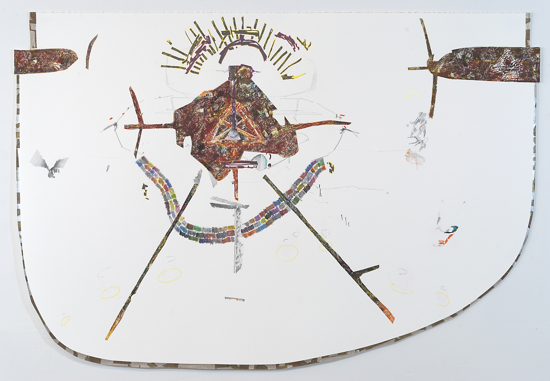 half ascending  Ink, graphite, colored pencil, variegated leaf and oil pastel on shaped paper.  2013 - 30 x 44