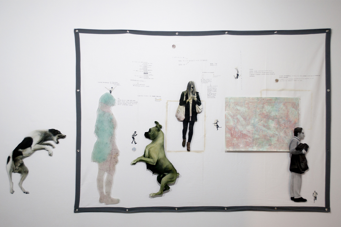 Francisco PeróHabitar el mundo II, 2015Canvas intervened with oil, map on paper with ink and acrylic resin, 5 acrylic silhouettes intervened with oilVariable dimensions