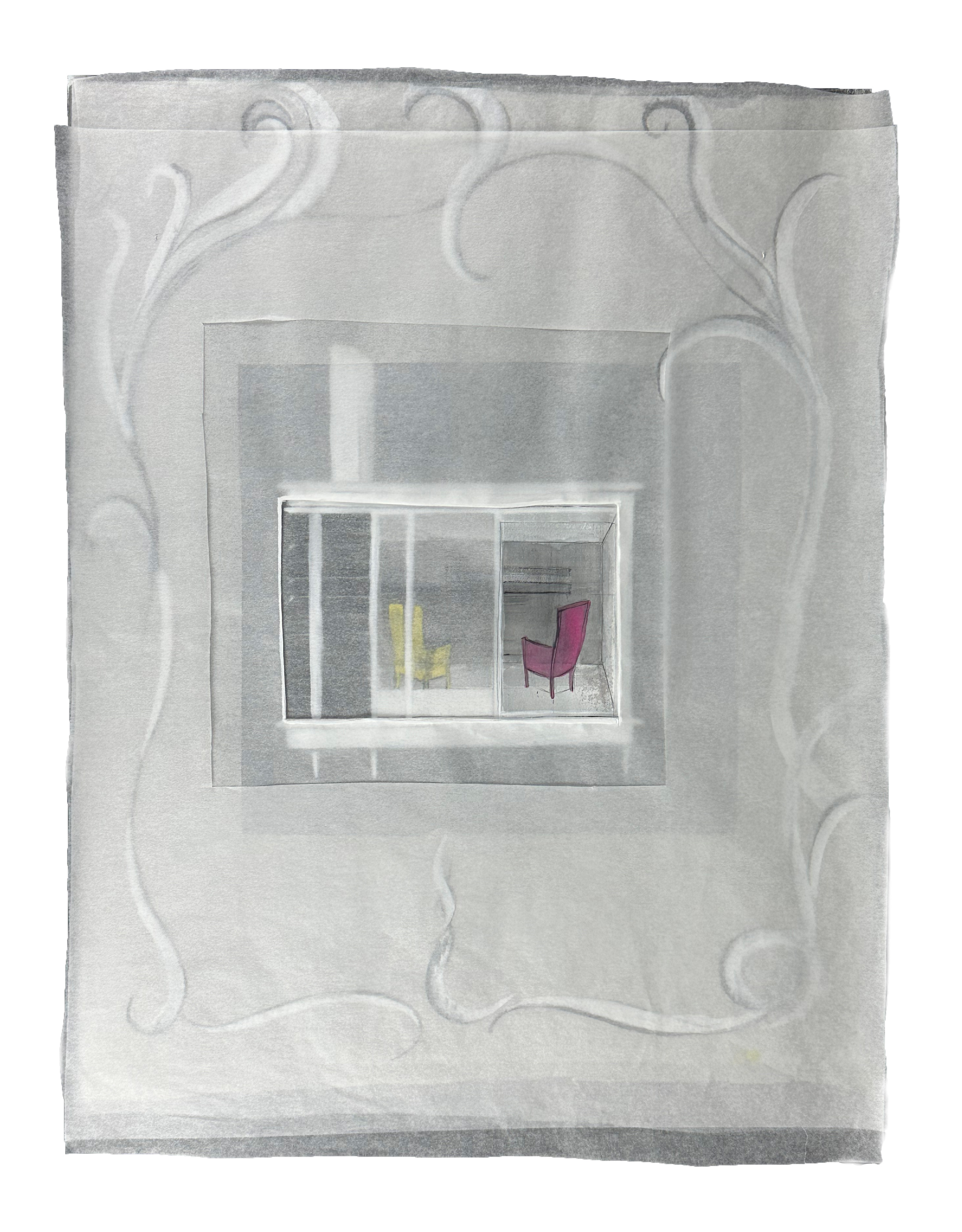 "Two ways of seeing: Pre-fab Cabin-for-Two with Rococo Fireplace Motif", 30 in x 20 in, 2024