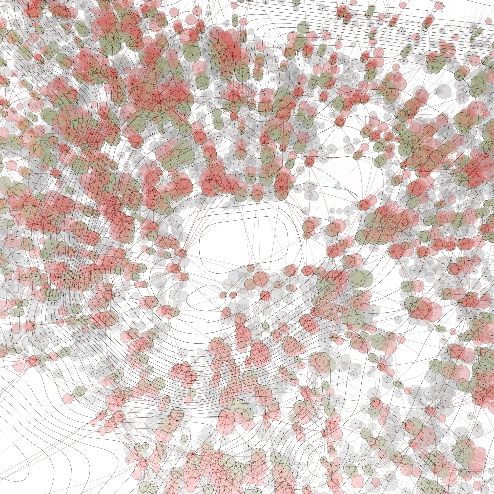 Overlaid site simulated disease spread over time and rhizomatic connections