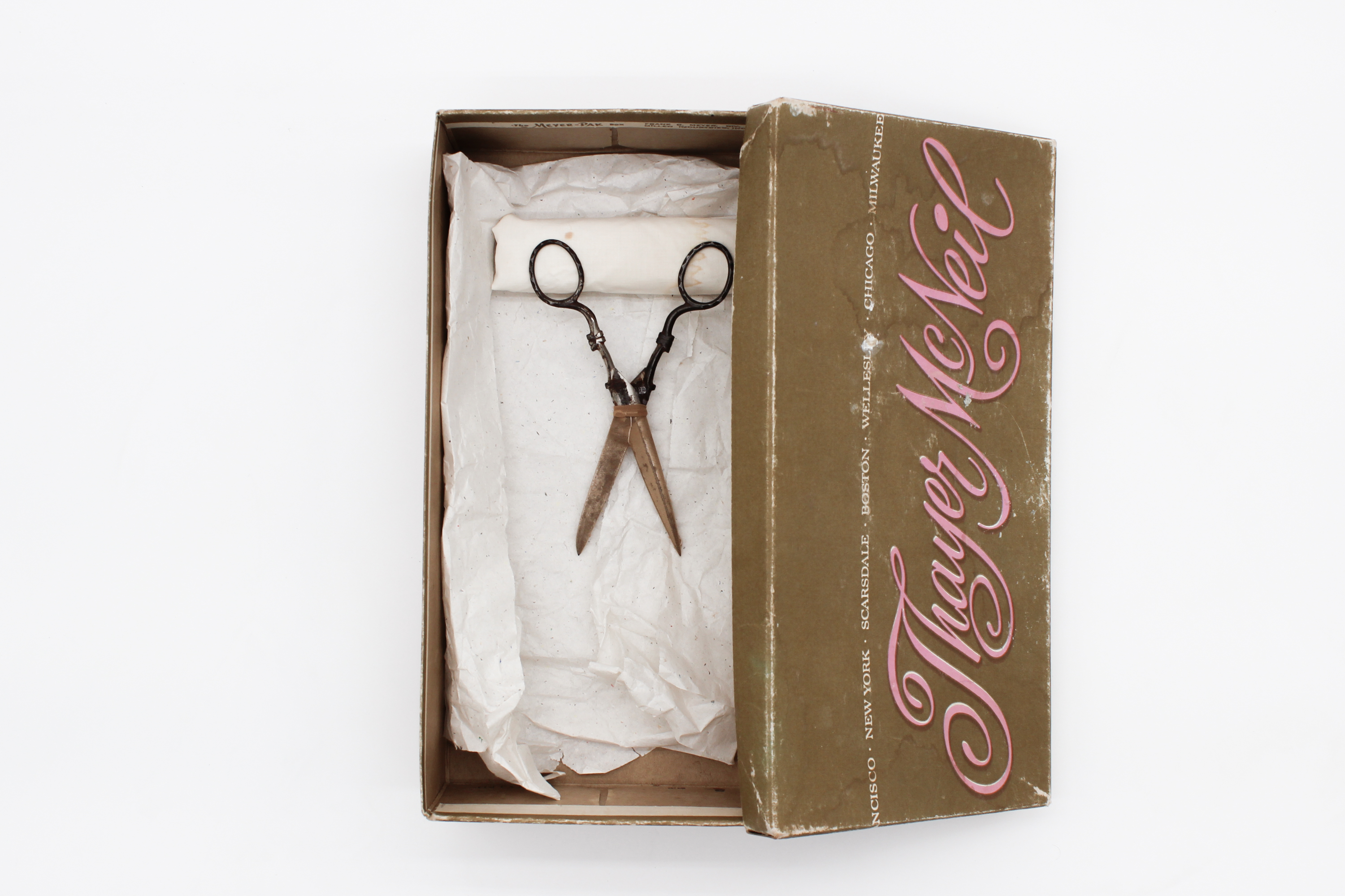 Sleepy Grace, 2024, Scissors, linen, stockings, thread, shoebox