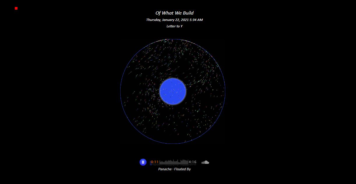 Code art from third letter, many colored particles swirling against a dark background. 