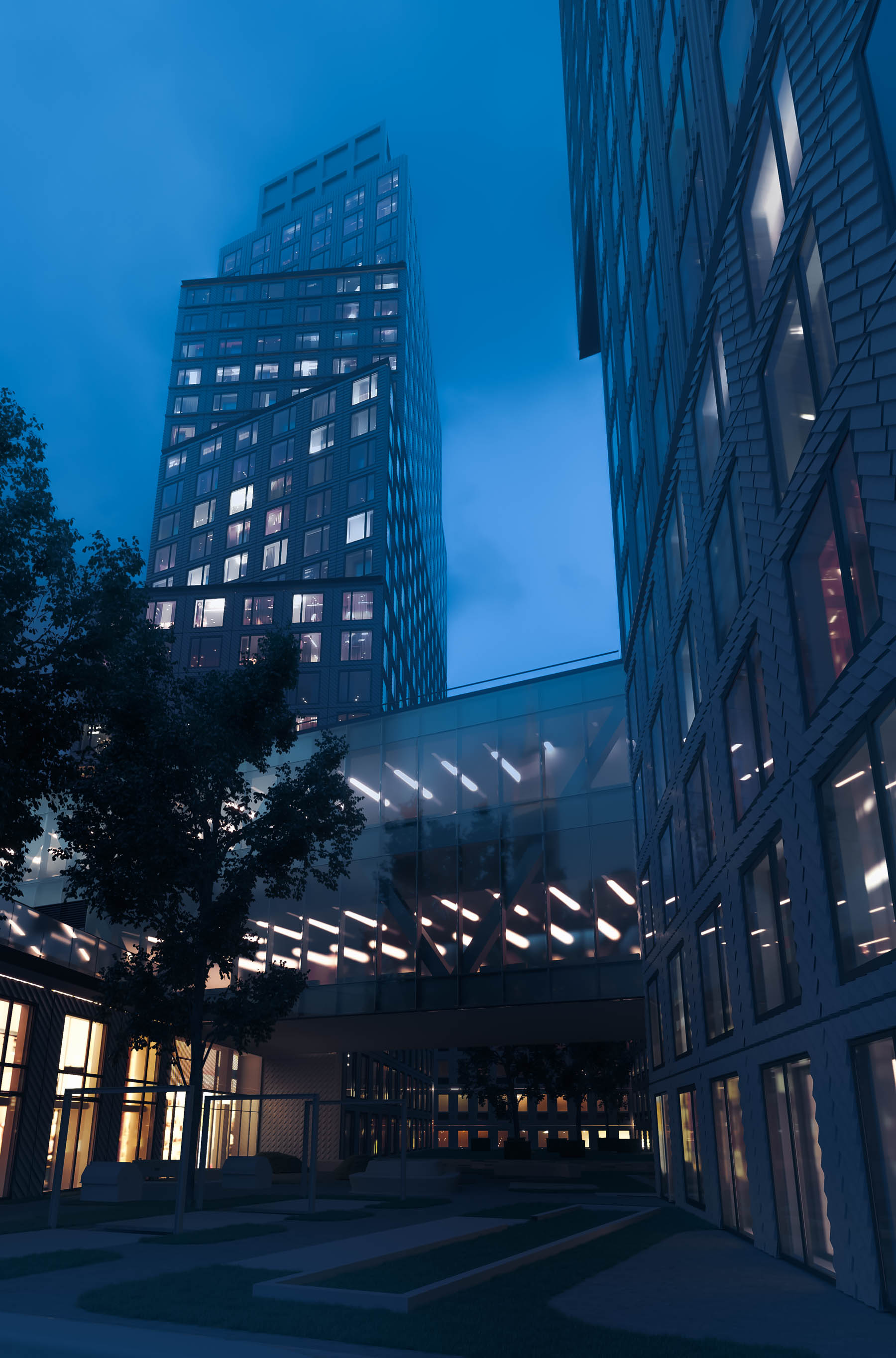 Rendering of the Courtyard Eagle + West Residential Towers in Brooklyn with the Empire State Building reflecting in the iconic bridge.