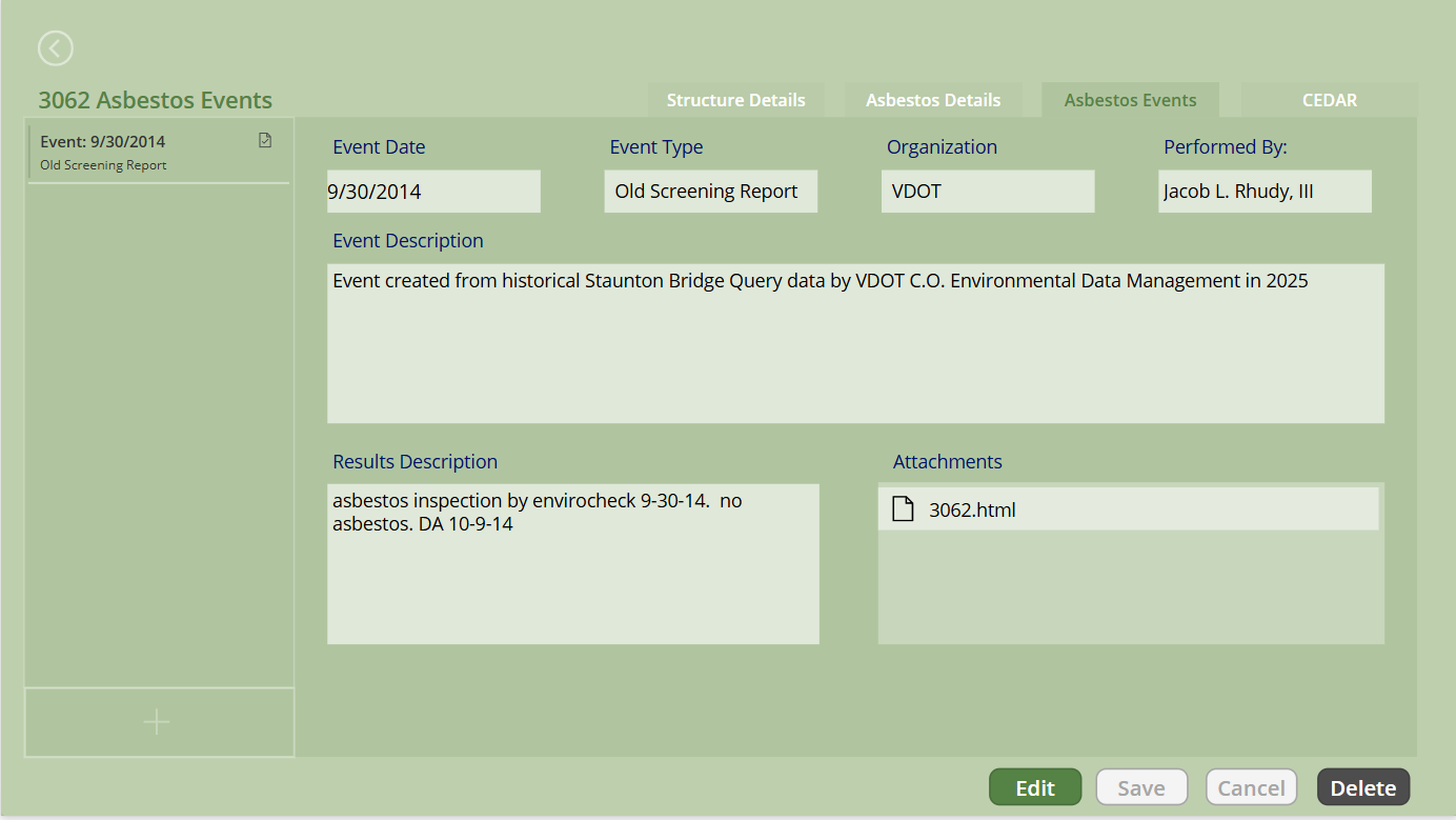 By-the-way there’s a story behind this one. Sometimes in the government, initiatives that are no-brainers get shoved under the rug. VDOT’s structure and bridge division had a regulatory need to keep track of asbestos in bridges. Yet, they continually trimmed it from their enterprise software requirements. Over the intervening decades, one rogue consultant armed with an access database made a listing of bridges and testing results for asbestos containing materials. While it started in one district, it  eventually covered the entire state.  After another project dropped its from their requirments, I was tasked with setting up requirements to add it into CEDAR for environmental HAZMAT. In the requirements process we determined we would need to get off the old access database based app ASAP, as it was no longer supported and crashed regularly. While waiting for the lengthy state funding and development process, I’ve created this as an intermediary stable system.  
