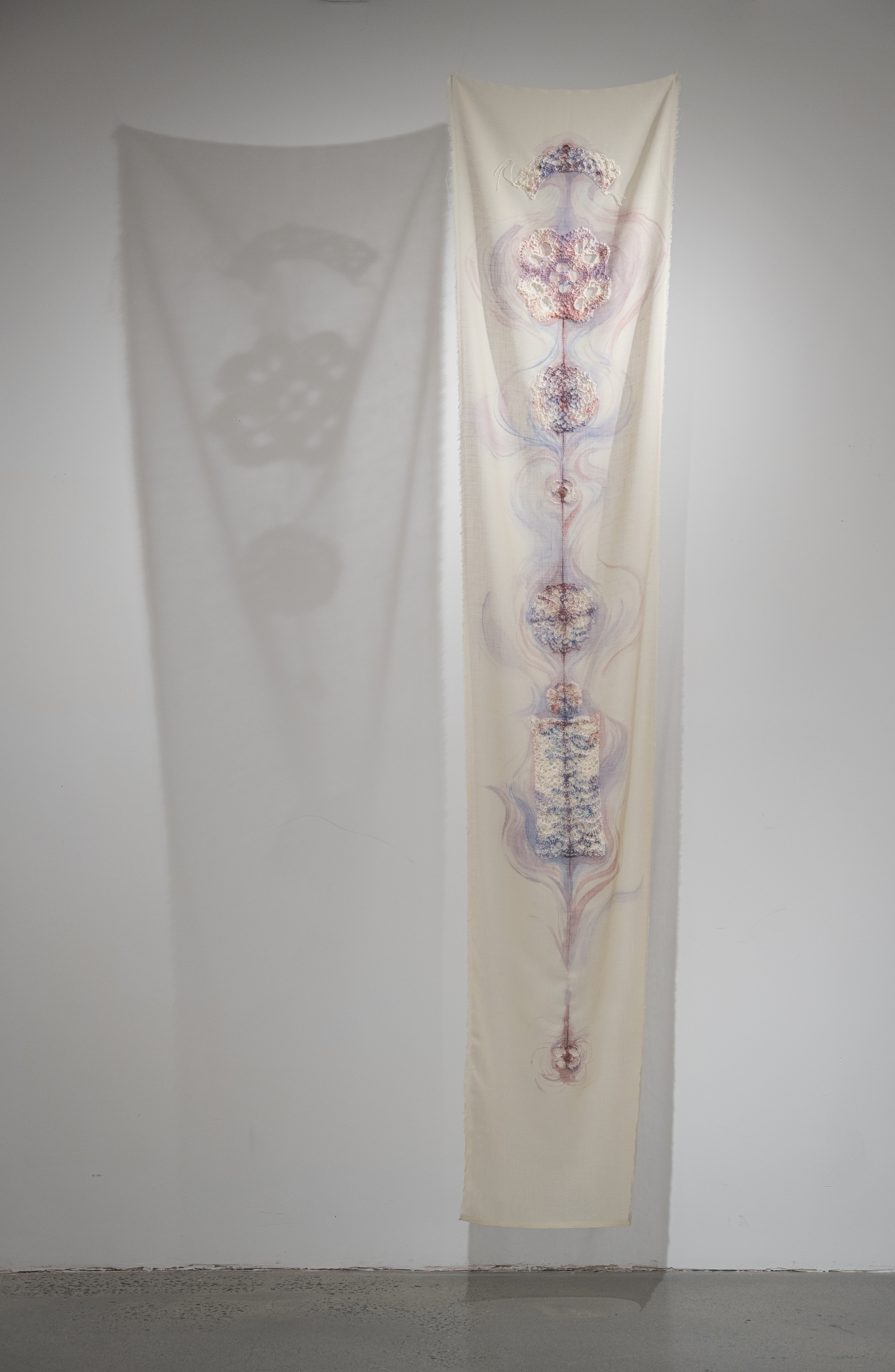 Inherited, 2024, Crocheting and painting on fabric, 100x21in