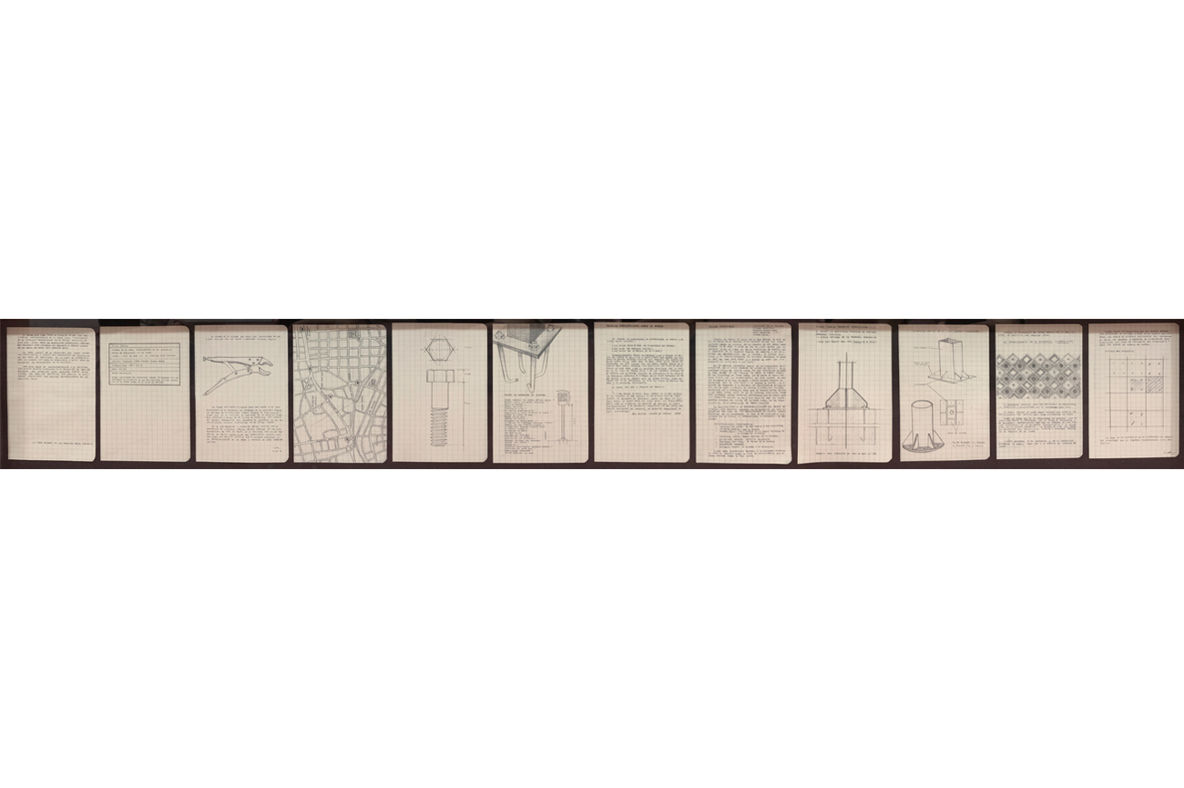 Carlos RiveraMANUSCRITOS DE OBRA, 202010 sheets of boned paper on black foam and aluminum molding19.5 x 114 cm