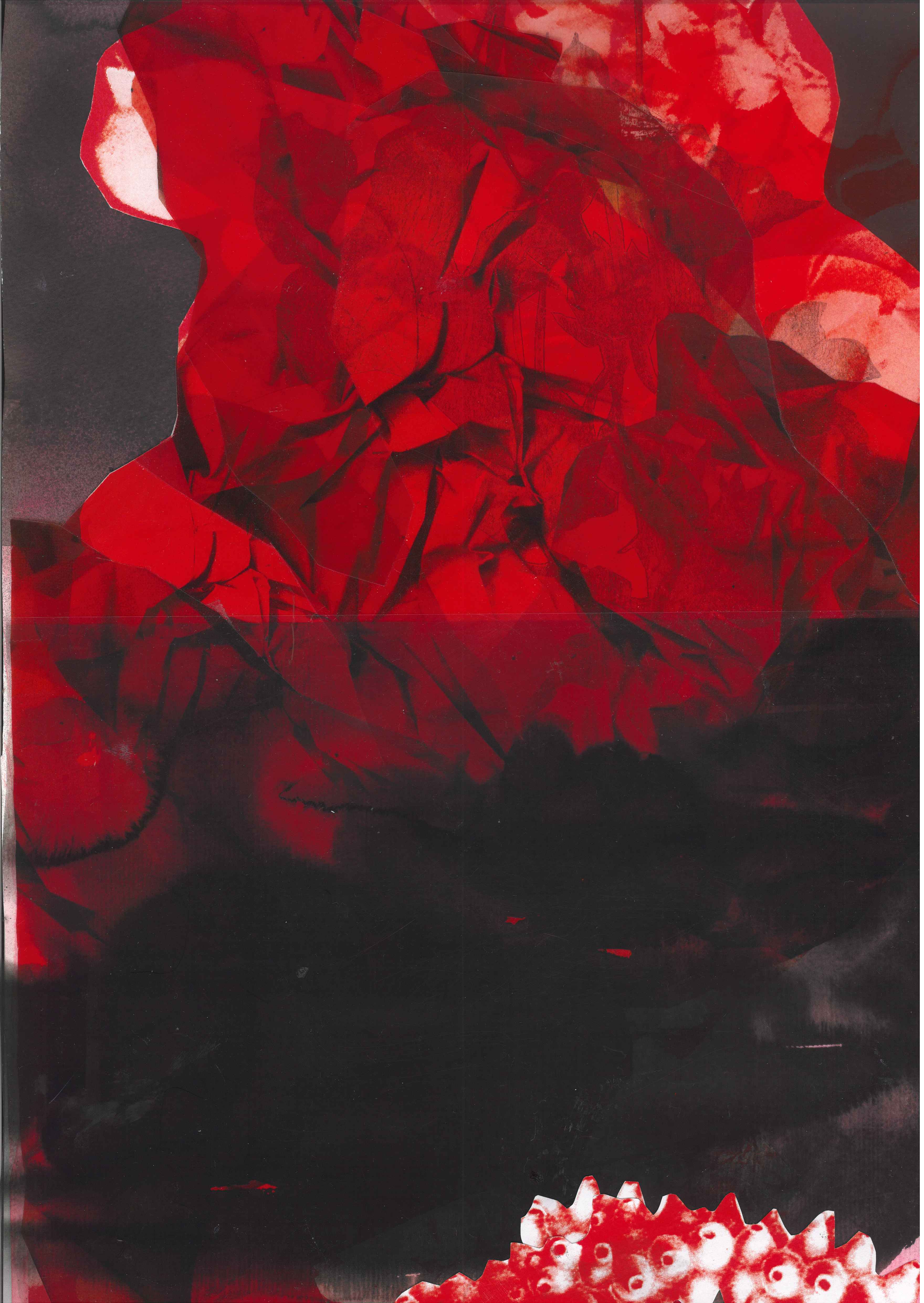 Ophelia #6 (Work in progress)Ölfarbe auf Papier, Collage mit verfremdeten Fotomaterial sowie Radierung, 28 x 44cmBuchprojekt „Es neigt ein Weidenbaum sich übern Bach“ Ophelias Tod nach Shakespeare2022-2023