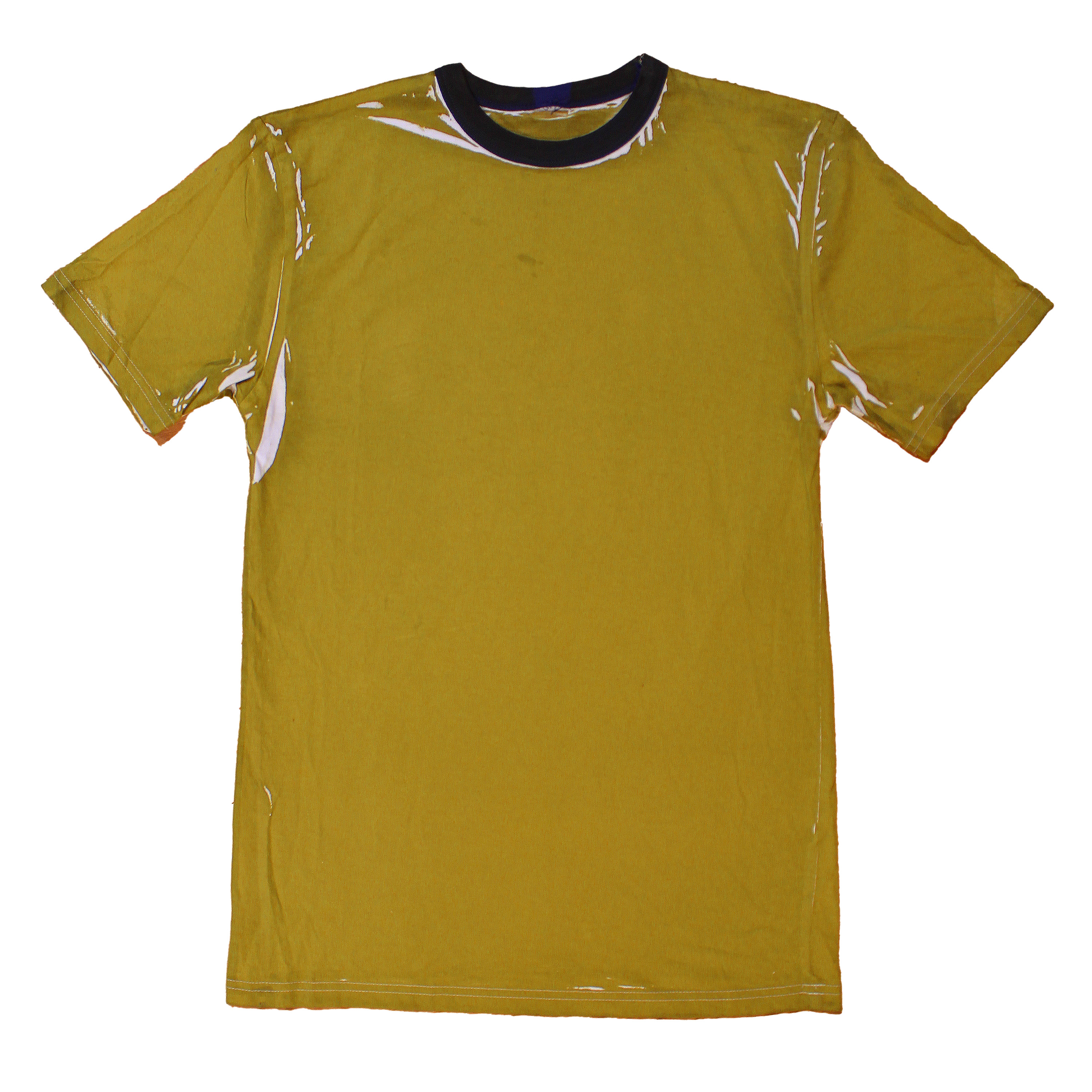 reclaimed vintage deadstock 70s ringer tee allover printed with dye. creases are unpredictable and vary from tee to tee. 