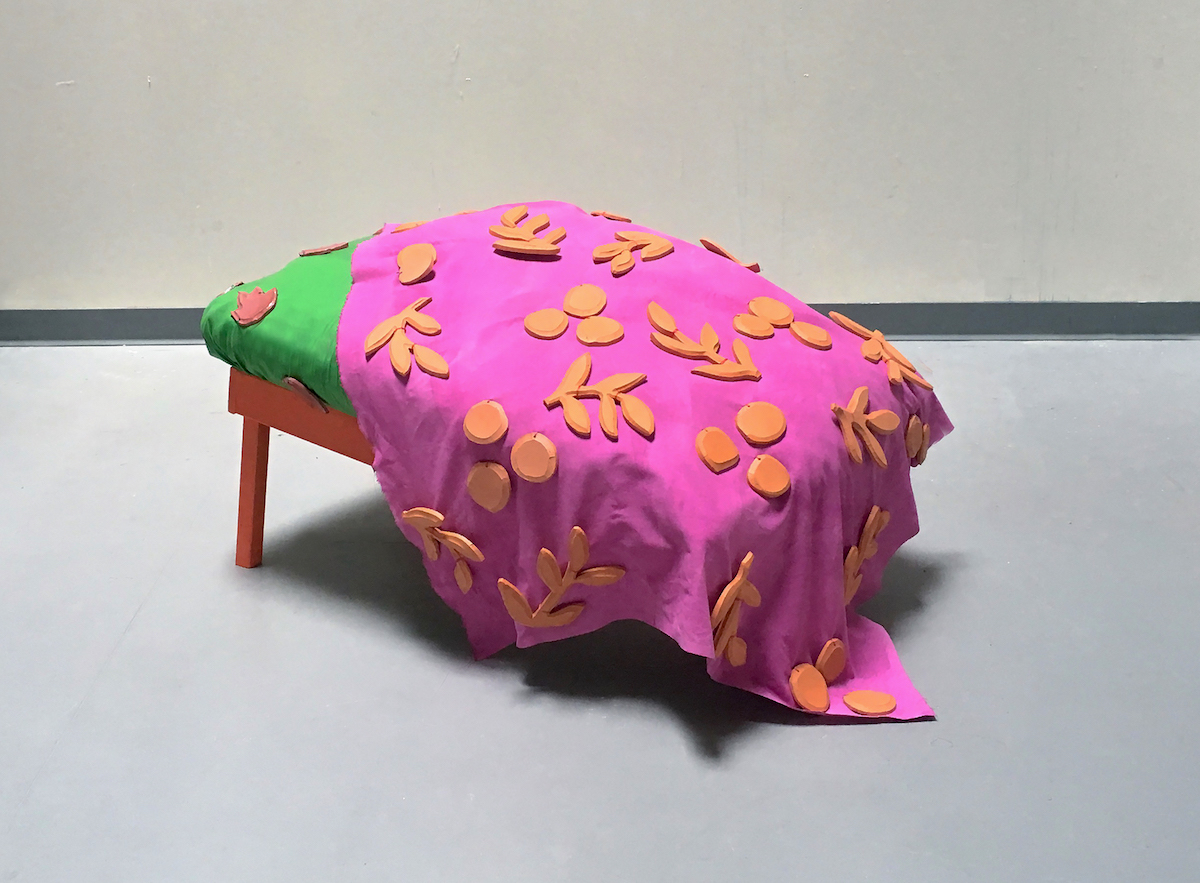Bed Made, 2018, terra-cotta, mixed fiber, foam, wood, house paint, 28" x 42" x 26"