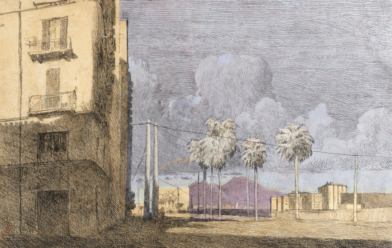 Charles-Elie Delprat Naples, Via Marina, 2024 Pierre noire et pastel sur papiers teintés et collés 31,5 x 49,5 cm © Tony Querrec