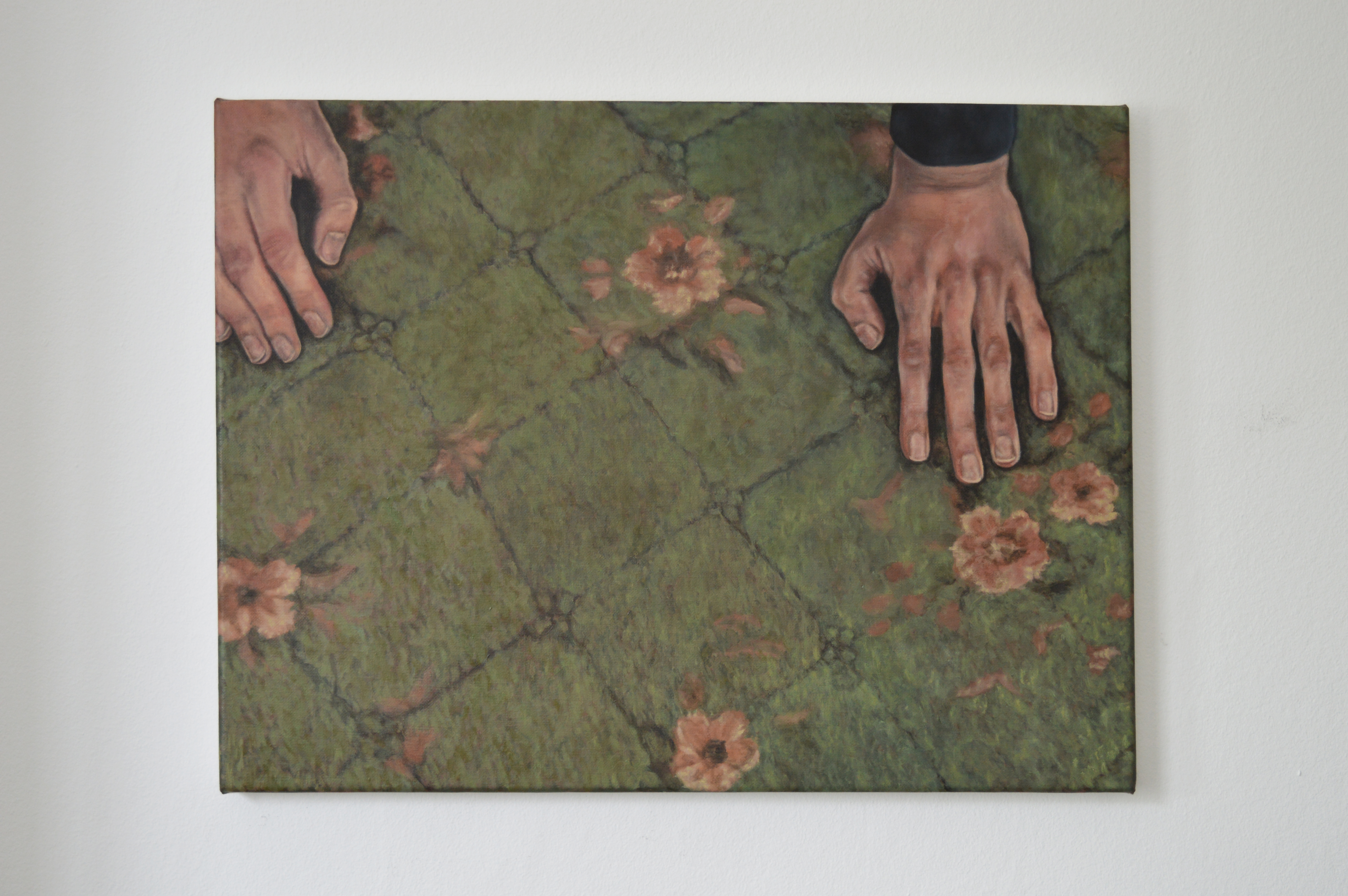 ewan's flower carpet   oil on linen, 30.5 x 40.5 cm   When Ewan took me home to his dad's house up north and I finally got to see the legendary flowery carpet in his childhood bedroom. I had him pose on the floor for a photo with it 