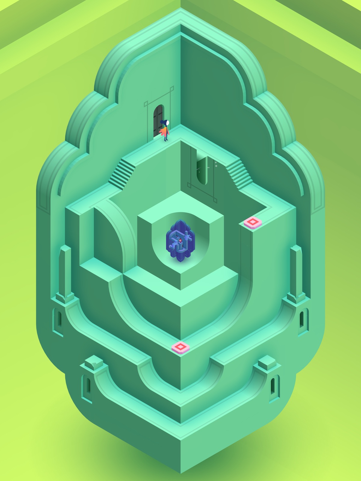 Screenshot from Monument Valley 2. A nested set of M.C. Escher-like environments with a playable character standing within.