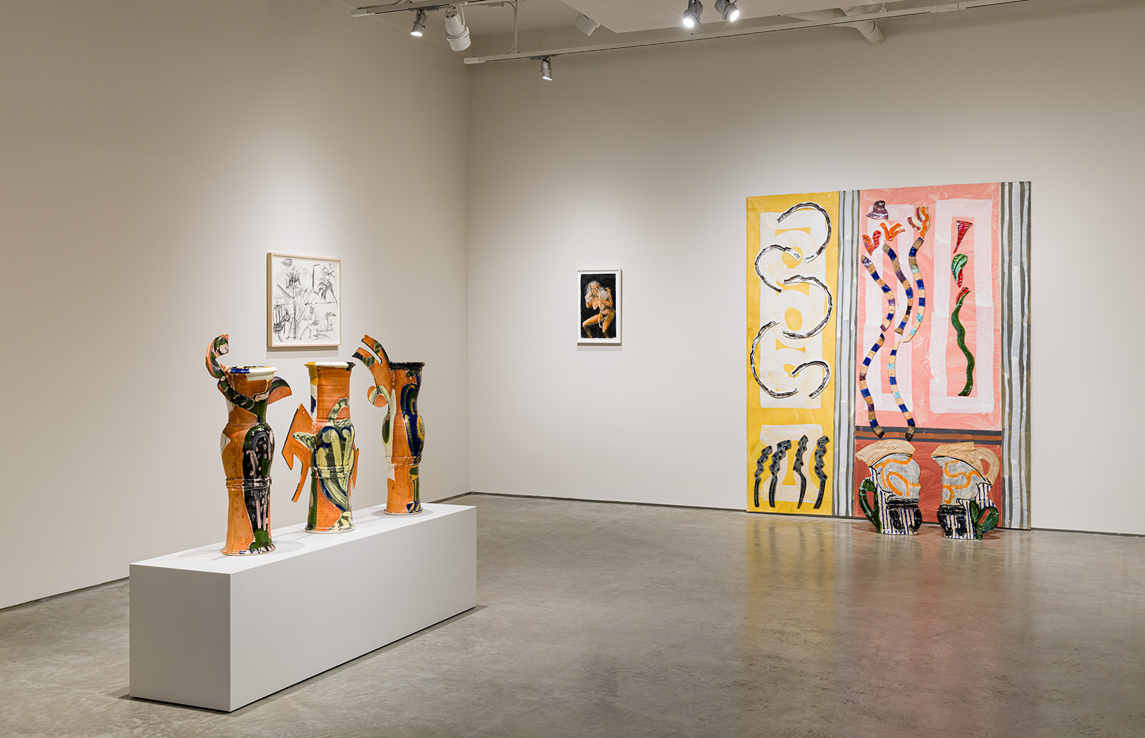 (From left to right) Betty Woodman, Athens, 1991. Glazed earthenware, epoxy resin, lacquer, and paint, 35 1/2 x 68 5/8 x 10 1/4 inches. © Woodman Family Foundation / Artists Rights Society (ARS), New York; Kara Walker, Untitled, 2014. Charcoal on paper, 22 1/2 x 30 inches; Tirtzah Bassel, Mother Severing the Umbilical Cord (After Goya), 2021. Gouache on paper, 13 x 21 inches; Betty Woodman, Santa Maria della Quercia, 2005. Glazed earthenware, epoxy resin, lacquer, acrylic paint, terra sigillata, and canvas, 97 3/4 x 84 1/2 x 12 inches. © Woodman Family Foundation / Artists Rights Society (ARS), New York. Photo by Etienne Frossard. 