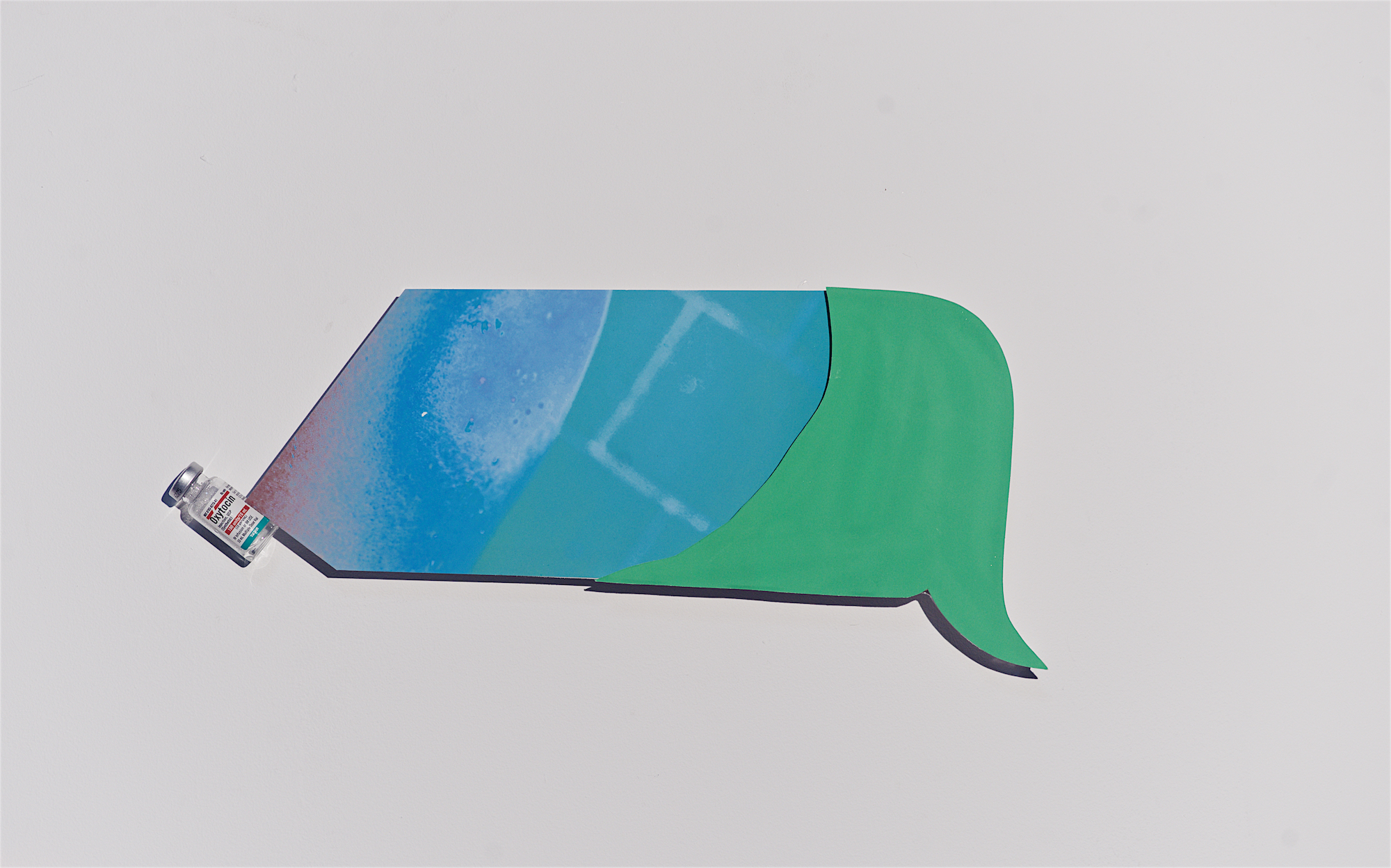 New enlightened era COMING SOON, sorta one sided with text message green and oxytocin, 2018, gouache, archival ink-jet print, oxytocin, glass boFle, mounted on acrylic glass approx. 7” x 16”