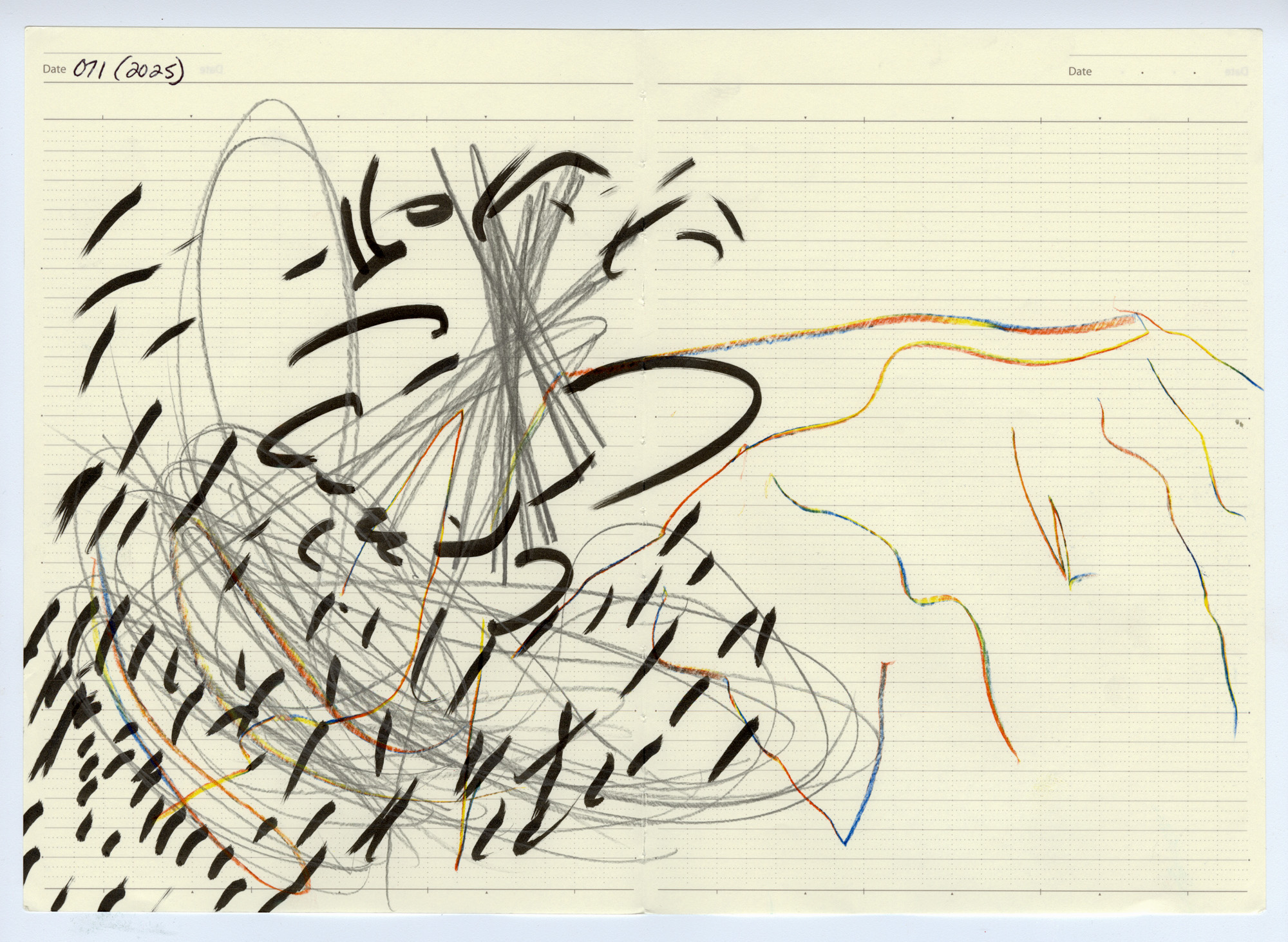 071. 2025. Graphite, colored pencil, and marker on ledger paper. 11.5" by 7.875"